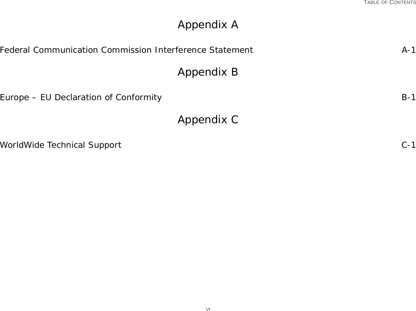   TABLE OF CONTENTS VIAppendix AFederal Communication Commission Interference Statement A-1Appendix BEurope – EU Declaration of Conformity B-1Appendix CWorldWide Technical Support C-1