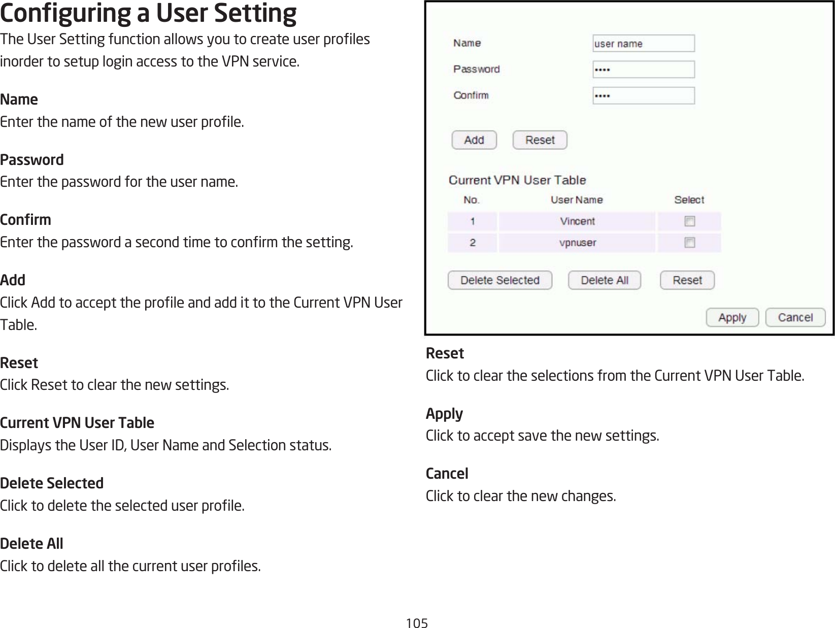 105Conguring a User SettingTheUserSettingfunctionallowsyoutocreateuserprolesinordertosetuploginaccesstotheVPNservice.NameEnterthenameofthenewuserprole.PasswordEnterthepasswordfortheusername.ConrmEnterthepasswordasecondtimetoconrmthesetting.AddClickAddtoaccepttheproleandaddittotheCurrentVPNUserTable.ResetClickResettoclearthenewsettings.Current VPN User TableDisplaystheUserID,UserNameandSelectionstatus.Delete SelectedClicktodeletetheselecteduserprole.Delete AllClicktodeleteallthecurrentuserproles.ResetClicktocleartheselectionsfromtheCurrentVPNUserTable.ApplyClicktoacceptsavethenewsettings.CancelClicktoclearthenewchanges.