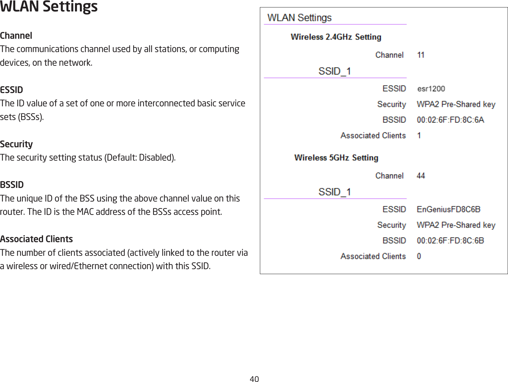 40WLAN SettingsChannelThecommunicationschannelusedbyallstations,orcomputingdevices,onthenetwork.ESSIDTheIDvalueofasetofoneormoreinterconnectedbasicservicesets(BSSs).SecurityThesecuritysettingstatus(Default:Disabled).BSSIDTheuniqueIDoftheBSSusingtheabovechannelvalueonthisrouter.TheIDistheMACaddressoftheBSSsaccesspoint.Associated ClientsThenumberofclientsassociated(activelylinkedtotherouterviaawirelessorwired/Ethernetconnection)withthisSSID.