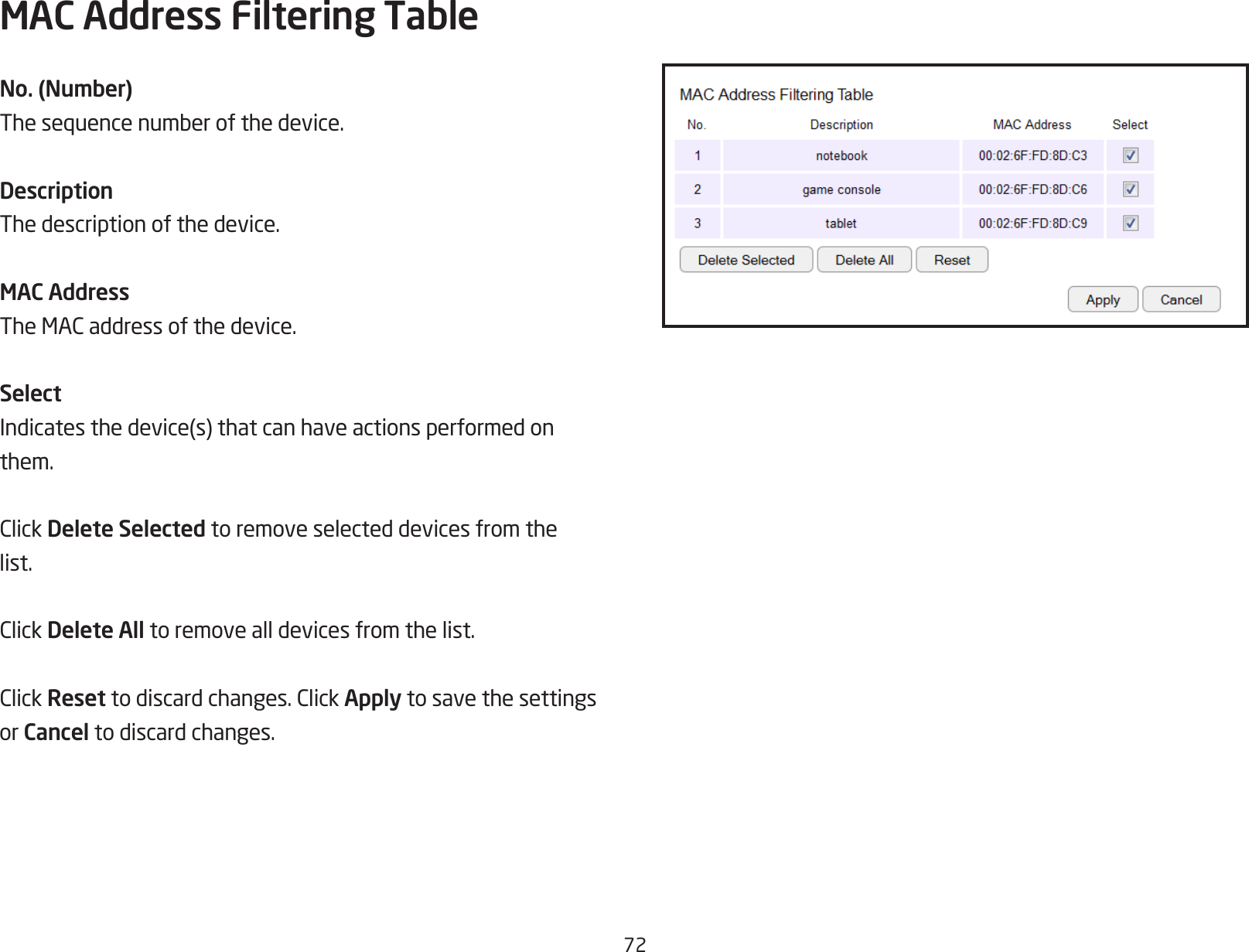 72MAC Address Filtering TableNo. (Number)Thesequencenumberofthedevice.DescriptionThe description of the device.MAC AddressTheMACaddressofthedevice.SelectIndicatesthedevice(s)thatcanhaveactionsperformedonthem.ClickDelete Selected to remove selected devices from thelist.ClickDelete All to remove all devices from the list.ClickResettodiscardchanges.ClickApply to save the settings or Cancel to discard changes.