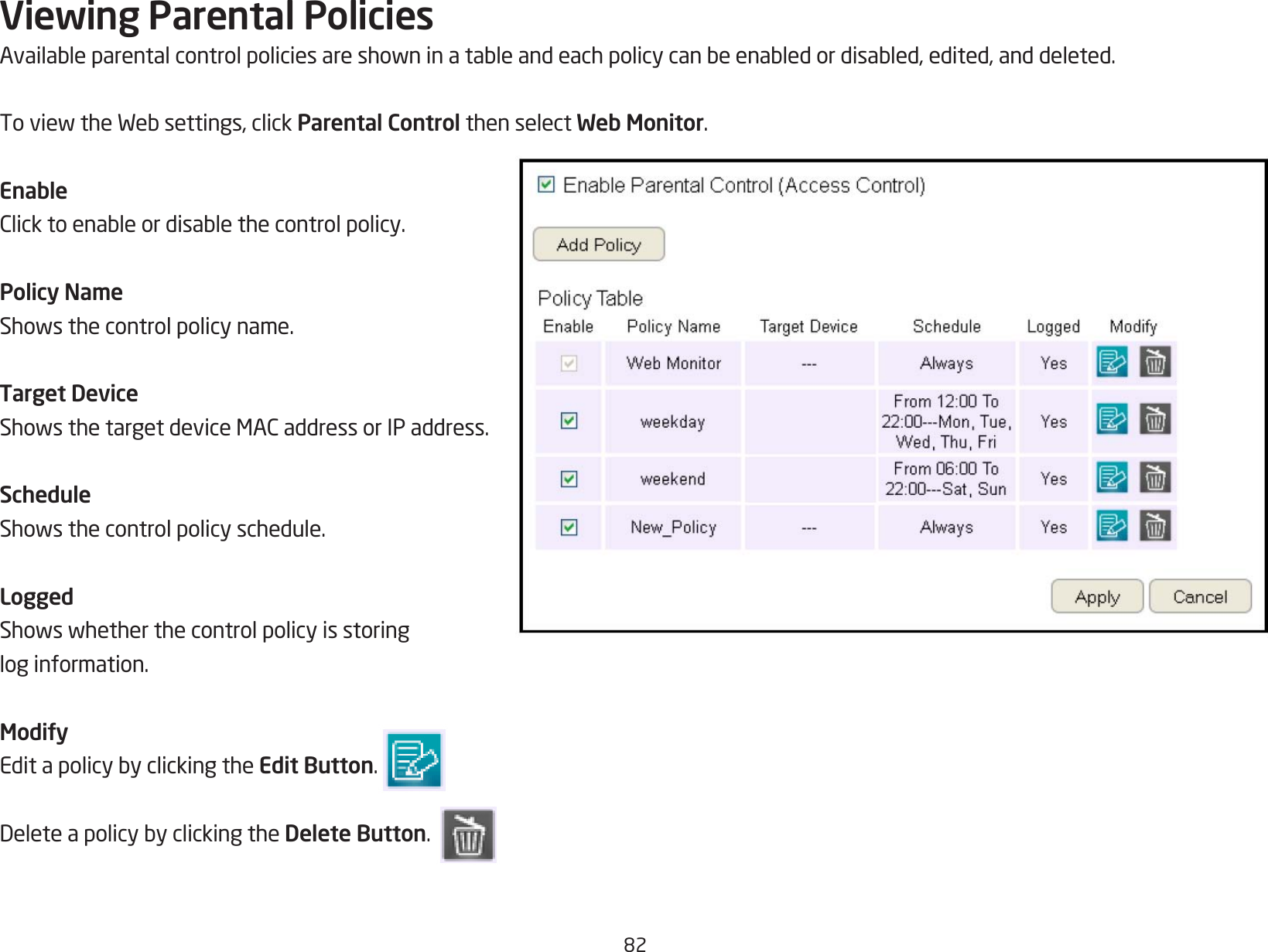 82Viewing Parental PoliciesAvailableparentalcontrolpoliciesareshowninatableandeachpolicycanbeenabledordisabled,edited,anddeleted.ToviewtheWebsettings,clickParental Control then select Web Monitor.EnableClicktoenableordisablethecontrolpolicy.Policy NameShowsthecontrolpolicyname.Target DeviceShowsthetargetdeviceMACaddressorIPaddress.ScheduleShowsthecontrolpolicyschedule.LoggedShowswhetherthecontrolpolicyisstoringlog information.ModifyEditapolicybyclickingtheEdit Button. DeleteapolicybyclickingtheDelete Button.
