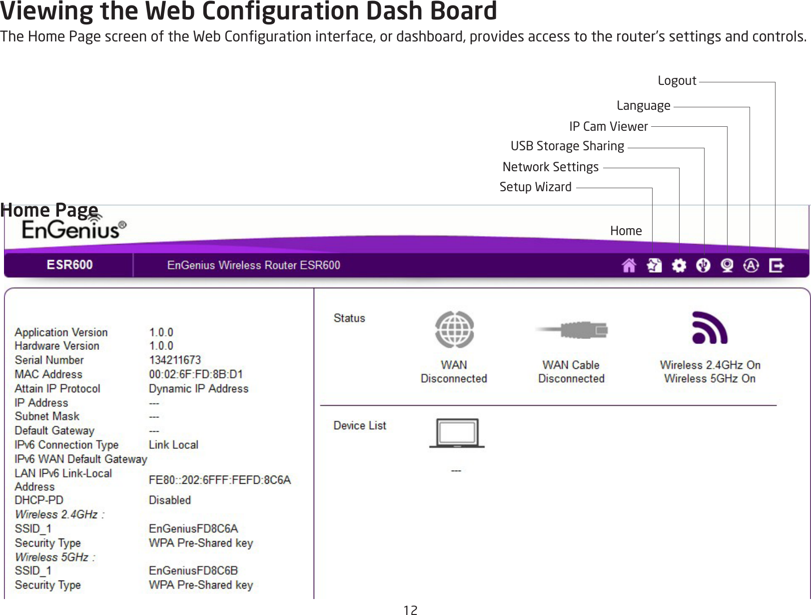 12Viewing the Web Conguration Dash BoardTheHomePagescreenoftheWebCongurationinterface,ordashboard,providesaccesstotherouter’ssettingsandcontrols.Home PageHomeSetupWizardNetworkSettingsUSBStorageSharingIPCamViewerLanguageLogout