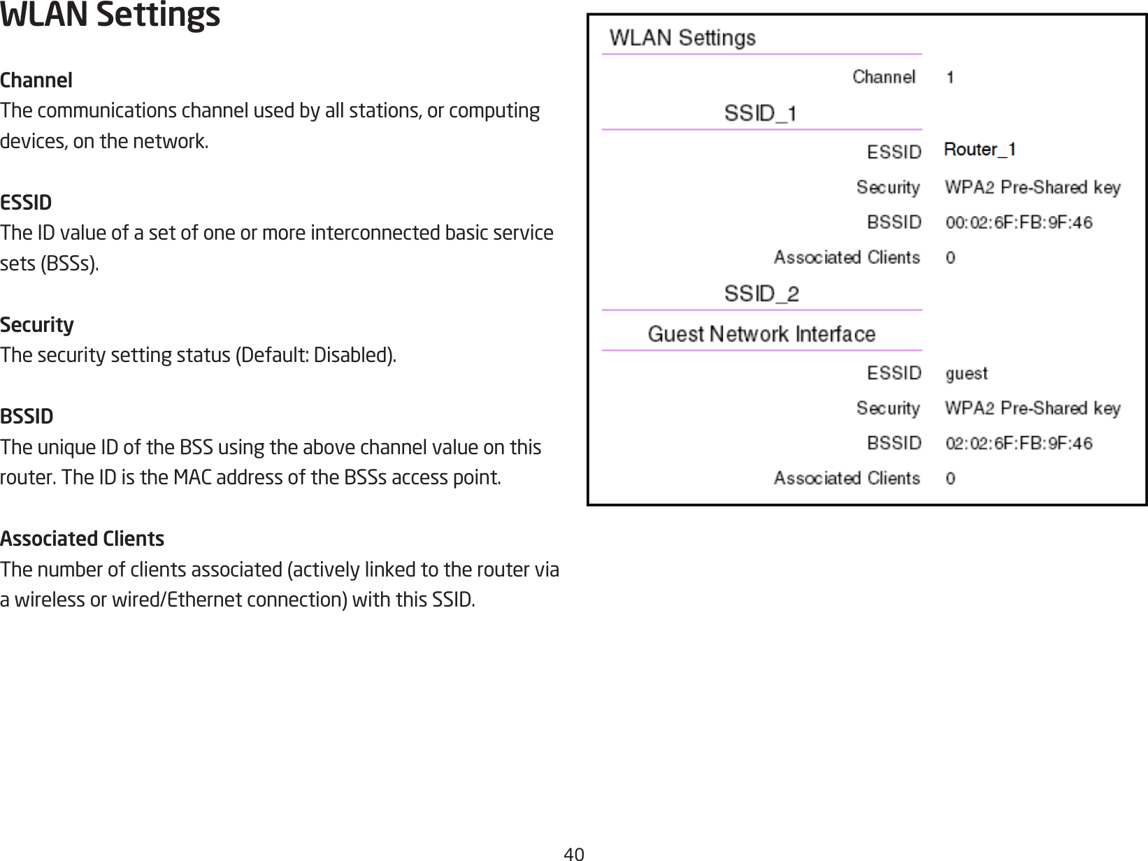 40WLAN SettingsChannelThecommunicationschannelusedbyallstations,orcomputingdevices,onthenetwork.ESSIDTheIDvalueofasetofoneormoreinterconnectedbasicservicesets(BSSs).SecurityThesecuritysettingstatus(Default:Disabled).BSSIDTheuniqueIDoftheBSSusingtheabovechannelvalueonthisrouter.TheIDistheMACaddressoftheBSSsaccesspoint.Associated ClientsThenumberofclientsassociated(activelylinkedtotherouterviaawirelessorwired/Ethernetconnection)withthisSSID.