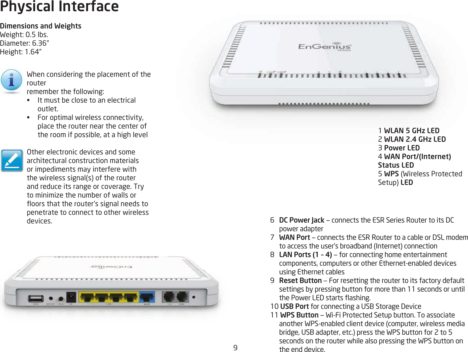 9Physical InterfaceDimensions and WeightsWeight:0.5lbs.Diameter:6.36”Height:1.64”1 WLAN 5 GHz LED2 WLAN 2.4 GHz LED3 Power LED4WAN Port/(Internet) Status LED5 WPS(WirelessProtectedSetup)LED6   DC Power Jack—connectstheESRSeriesRoutertoitsDCpoweradapter7 WAN Port—connectstheESRRoutertoacableorDSLmodemtoaccesstheuser’sbroadband(Internet)connection8 LAN Ports (1 – 4) — for connecting home entertainment components,computersorotherEthernet-enableddevicesusingEthernetcables9   Reset Button — For resetting the router to its factory default settingsbypressingbuttonformorethan11secondsoruntilthePowerLEDstartsashing.10 USB PortforconnectingaUSBStorageDevice11 WPS Button—Wi-FiProtectedSetupbutton.ToassociateanotherWPS-enabledclientdevice(computer,wirelessmediabridge,USBadapter,etc.)presstheWPSbuttonfor2to5secondsontherouterwhilealsopressingtheWPSbuttononthe end device.Whenconsideringtheplacementoftherouterrememberthefollowing:•  Itmustbeclosetoanelectricaloutlet.•  Foroptimalwirelessconnectivity,place the router near the center of theroomifpossible,atahighlevelOtherelectronicdevicesandsomearchitectural construction materials orimpedimentsmayinterferewiththewirelesssignal(s)oftherouterand reduce its range or coverage. Try tominimizethenumberofwallsoroorsthattherouter’ssignalneedstopenetratetoconnecttootherwirelessdevices.