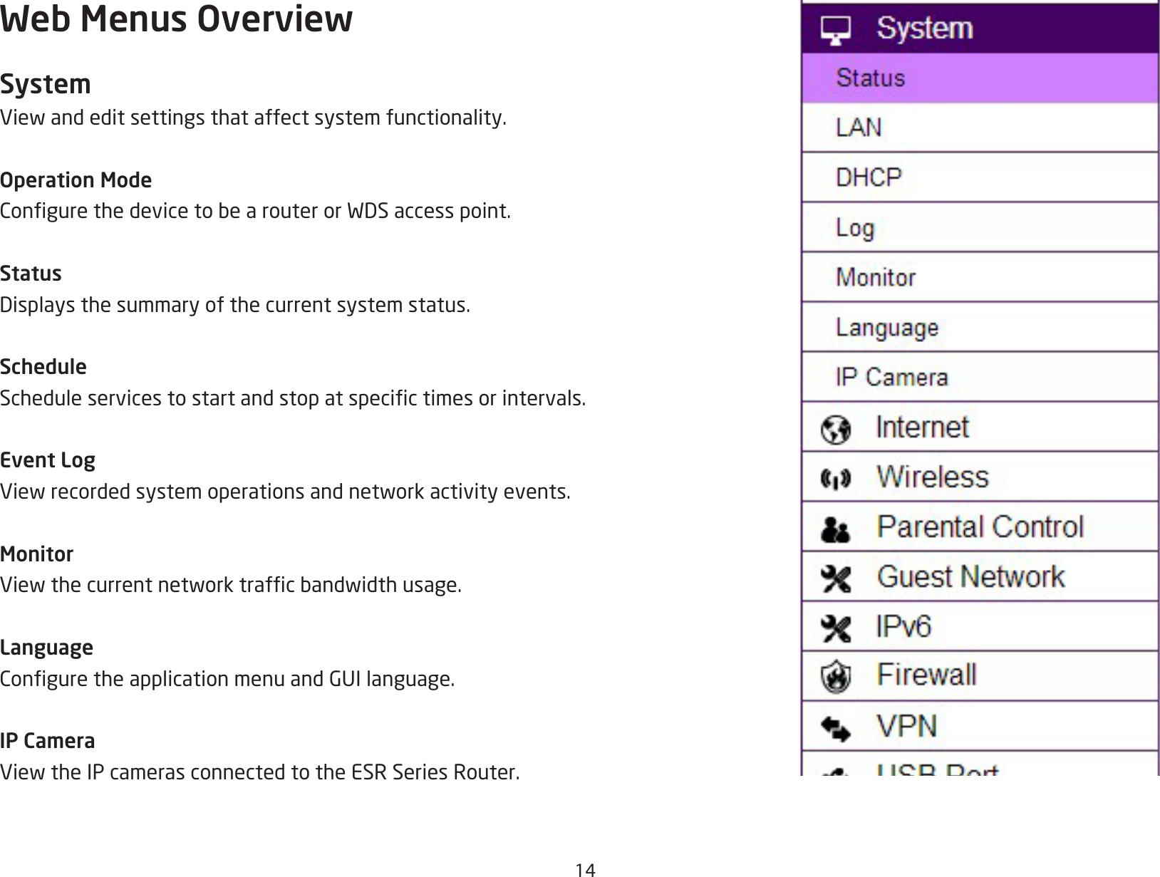 14Web Menus OverviewSystemViewandeditsettingsthataffectsystemfunctionality.Operation ModeCongurethedevicetobearouterorWDSaccesspoint.StatusDisplaysthesummaryofthecurrentsystemstatus.ScheduleScheduleservicestostartandstopatspecictimesorintervals.Event LogViewrecordedsystemoperationsandnetworkactivityevents.MonitorViewthecurrentnetworktrafcbandwidthusage.LanguageConguretheapplicationmenuandGUIlanguage.IP CameraViewtheIPcamerasconnectedtotheESRSeriesRouter.