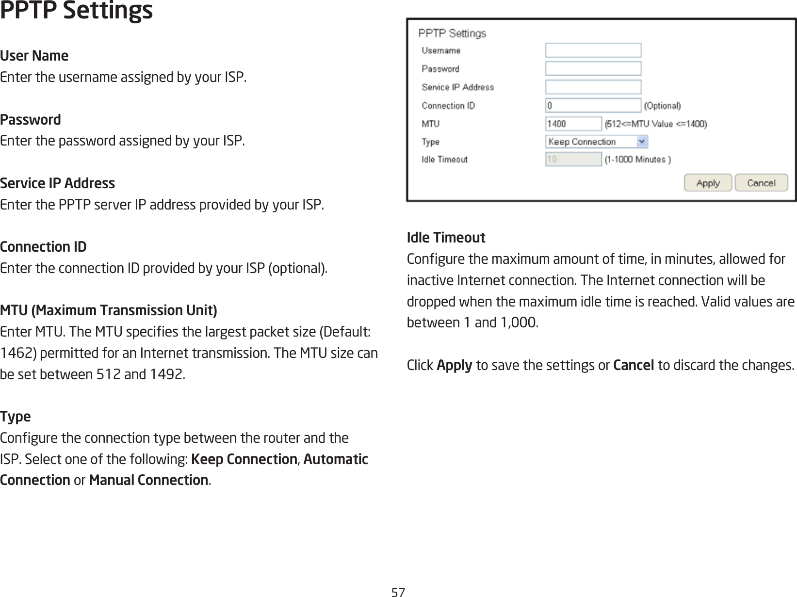 57PPTP SettingsUser NameEntertheusernameassignedbyyourISP.PasswordEnterthepasswordassignedbyyourISP.Service IP AddressEnterthePPTPserverIPaddressprovidedbyyourISP.Connection IDEntertheconnectionIDprovidedbyyourISP(optional).MTU (Maximum Transmission Unit)EnterMTU.TheMTUspeciesthelargestpacketsize(Default:1462)permittedforanInternettransmission.TheMTUsizecanbesetbetween512and1492.TypeConguretheconnectiontypebetweentherouterandtheISP.Selectoneofthefollowing:Keep Connection, Automatic Connection or Manual Connection.Idle TimeoutCongurethemaximumamountoftime,inminutes,allowedforinactiveInternetconnection.TheInternetconnectionwillbedroppedwhenthemaximumidletimeisreached.Validvaluesarebetween1and1,000.ClickApply to save the settings or Cancel to discard the changes.