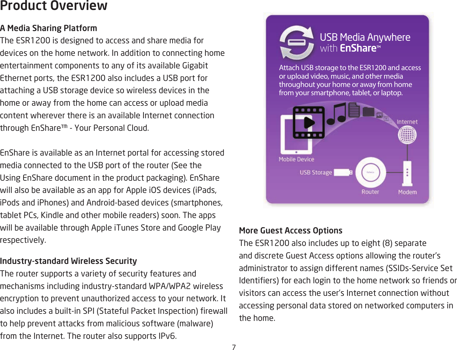 7Product OverviewA Media Sharing PlatformThe ESR1200 is designed to access and share media for devicesonthehomenetwork.InadditiontoconnectinghomeentertainmentcomponentstoanyofitsavailableGigabitEthernetports,theESR1200alsoincludesaUSBportforattachingaUSBstoragedevicesowirelessdevicesinthehomeorawayfromthehomecanaccessoruploadmediacontentwhereverthereisanavailableInternetconnectionthroughEnShare™-YourPersonalCloud.EnShareisavailableasanInternetportalforaccessingstoredmediaconnectedtotheUSBportoftherouter(SeetheUsingEnSharedocumentintheproductpackaging).EnSharewillalsobeavailableasanappforAppleiOSdevices(iPads,iPodsandiPhones)andAndroid-baseddevices(smartphones,tabletPCs,Kindleandothermobilereaders)soon.TheappswillbeavailablethroughAppleiTunesStoreandGooglePlayrespectively.Industry-standard Wireless SecurityThe router supports a variety of security features and mechanismsincludingindustry-standardWPA/WPA2wirelessencryptiontopreventunauthorizedaccesstoyournetwork.Italsoincludesabuilt-inSPI(StatefulPacketInspection)rewalltohelppreventattacksfrommalicioussoftware(malware)from the Internet. The router also supports IPv6.Attach USB storage to the ESR1200 and access or upload video, music, and other media throughout your home or away from home from your smartphone, tablet, or laptop.USBMediaAnywhere with EnShareTMMore Guest Access OptionsTheESR1200alsoincludesuptoeight(8)separateanddiscreteGuestAccessoptionsallowingtherouter’sadministratortoassigndifferentnames(SSIDs-ServiceSetIdentiers)foreachlogintothehomenetworksofriendsorvisitorscanaccesstheuser’sInternetconnectionwithoutaccessingpersonaldatastoredonnetworkedcomputersinthe home.