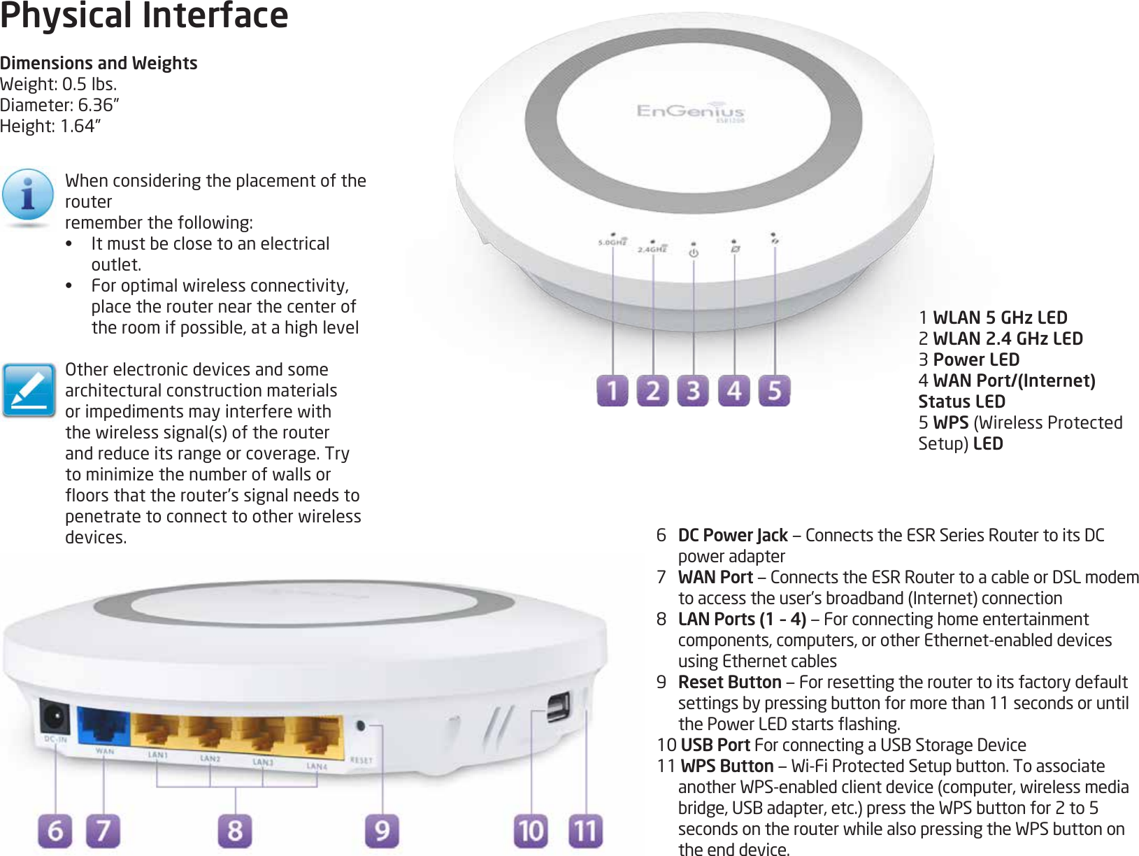 9Physical InterfaceDimensions and WeightsWeight:0.5lbs.Diameter:6.36”Height:1.64”1 WLAN 5 GHz LED2 WLAN 2.4 GHz LED3 Power LED4WAN Port/(Internet) Status LED5 WPS(WirelessProtectedSetup)LED6   DC Power Jack—ConnectstheESRSeriesRoutertoitsDCpoweradapter7 WAN Port—ConnectstheESRRoutertoacableorDSLmodemtoaccesstheuser’sbroadband(Internet)connection8 LAN Ports (1 – 4) — For connecting home entertainment components,computers,orotherEthernet-enableddevicesusingEthernetcables9   Reset Button — For resetting the router to its factory default settingsbypressingbuttonformorethan11secondsoruntilthePowerLEDstartsashing.10 USB PortForconnectingaUSBStorageDevice11 WPS Button—Wi-FiProtectedSetupbutton.ToassociateanotherWPS-enabledclientdevice(computer,wirelessmediabridge,USBadapter,etc.)presstheWPSbuttonfor2to5secondsontherouterwhilealsopressingtheWPSbuttononthe end device.Whenconsideringtheplacementoftherouterrememberthefollowing:•  Itmustbeclosetoanelectricaloutlet.•  Foroptimalwirelessconnectivity,place the router near the center of theroomifpossible,atahighlevelOtherelectronicdevicesandsomearchitectural construction materials orimpedimentsmayinterferewiththewirelesssignal(s)oftherouterand reduce its range or coverage. Try tominimizethenumberofwallsoroorsthattherouter’ssignalneedstopenetratetoconnecttootherwirelessdevices.