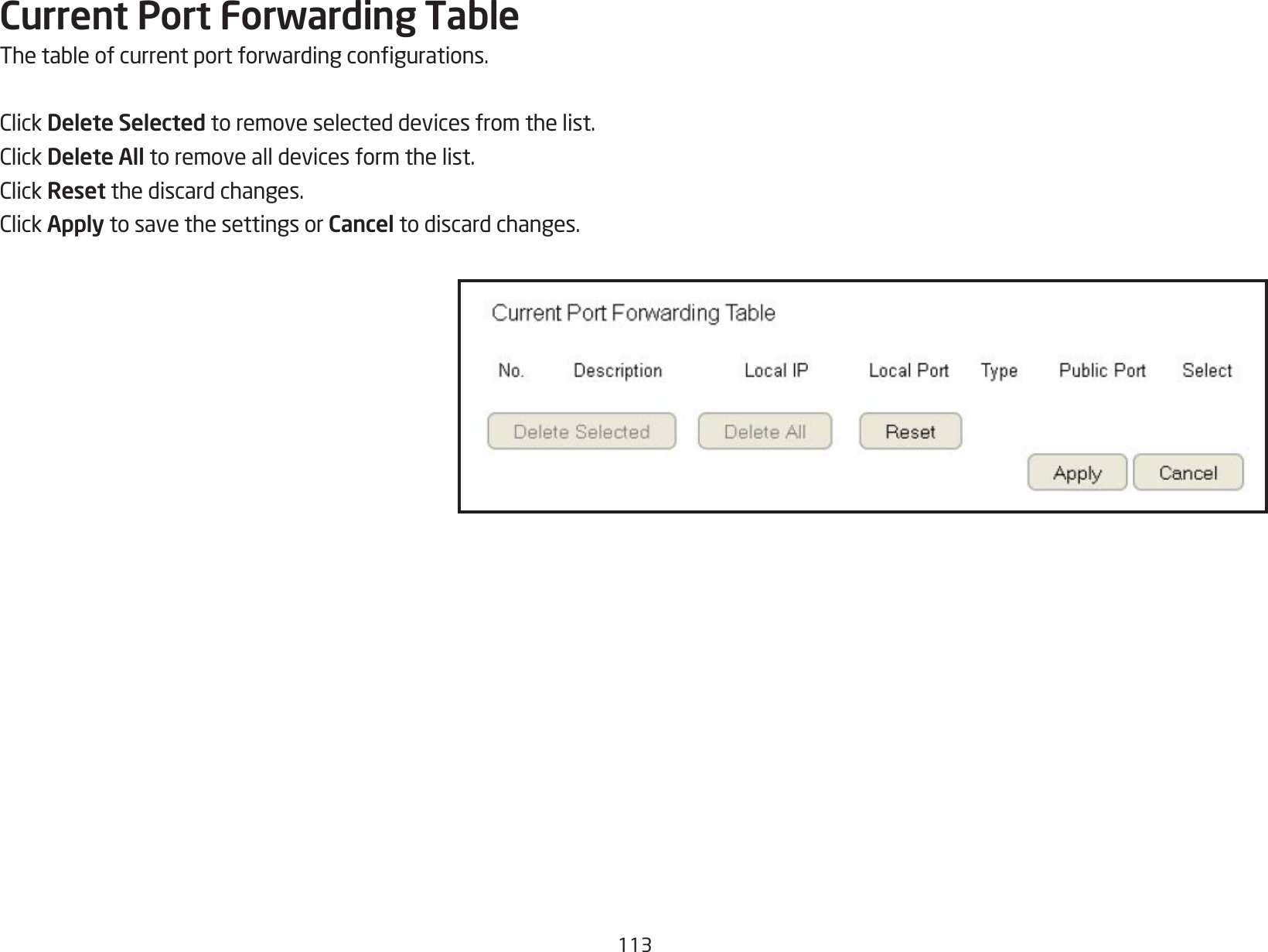 113Current Port Forwarding TableThetableofcurrentportforwardingcongurations.ClickDelete Selected to remove selected devices from the list.ClickDelete All to remove all devices form the list.ClickReset the discard changes.ClickApply to save the settings or Cancel to discard changes.