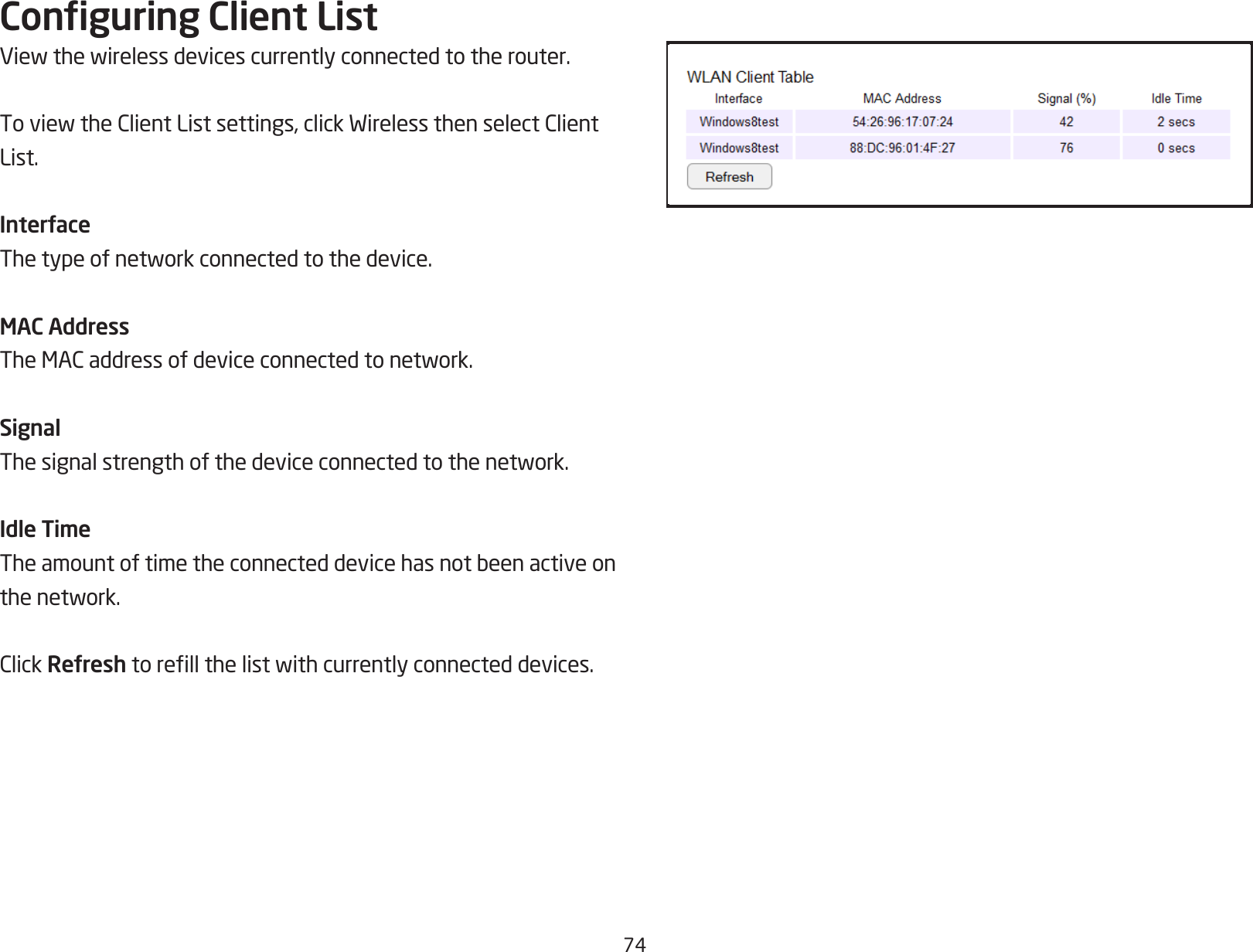 74Conguring Client ListViewthewirelessdevicescurrentlyconnectedtotherouter.ToviewtheClientListsettings,clickWirelessthenselectClientList.InterfaceThetypeofnetworkconnectedtothedevice.MAC AddressTheMACaddressofdeviceconnectedtonetwork.SignalThesignalstrengthofthedeviceconnectedtothenetwork.Idle TimeTheamountoftimetheconnecteddevicehasnotbeenactiveonthenetwork.ClickRefreshtorellthelistwithcurrentlyconnecteddevices.