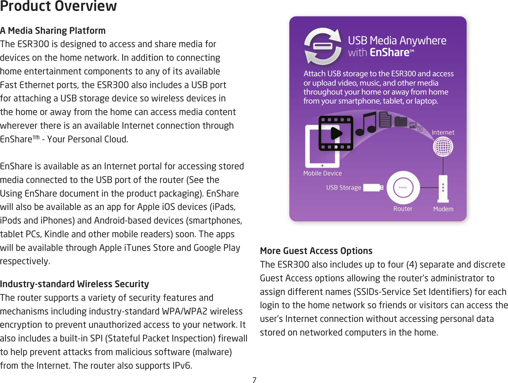 7Product OverviewA Media Sharing PlatformTheESR300isdesignedtoaccessandsharemediafordevicesonthehomenetwork.InadditiontoconnectinghomeentertainmentcomponentstoanyofitsavailableFastEthernetports,theESR300alsoincludesaUSBportforattachingaUSBstoragedevicesowirelessdevicesinthehomeorawayfromthehomecanaccessmediacontentwhereverthereisanavailableInternetconnectionthroughEnShare™-YourPersonalCloud.EnShareisavailableasanInternetportalforaccessingstoredmediaconnectedtotheUSBportoftherouter(SeetheUsingEnSharedocumentintheproductpackaging).EnSharewillalsobeavailableasanappforAppleiOSdevices(iPads,iPodsandiPhones)andAndroid-baseddevices(smartphones,tabletPCs,Kindleandothermobilereaders)soon.TheappswillbeavailablethroughAppleiTunesStoreandGooglePlayrespectively.Industry-standard Wireless SecurityThe router supports a variety of security features and mechanismsincludingindustry-standardWPA/WPA2wirelessencryptiontopreventunauthorizedaccesstoyournetwork.Italsoincludesabuilt-inSPI(StatefulPacketInspection)rewalltohelppreventattacksfrommalicioussoftware(malware)from the Internet. The router also supports IPv6.Attach USB storage to the ESR300 and access or upload video, music, and other media throughout your home or away from home from your smartphone, tablet, or laptop.USBMediaAnywhere with EnShareTMMore Guest Access OptionsTheESR300alsoincludesuptofour(4)separateanddiscreteGuestAccessoptionsallowingtherouter’sadministratortoassigndifferentnames(SSIDs-ServiceSetIdentiers)foreachlogintothehomenetworksofriendsorvisitorscanaccesstheuser’sInternetconnectionwithoutaccessingpersonaldatastoredonnetworkedcomputersinthehome.