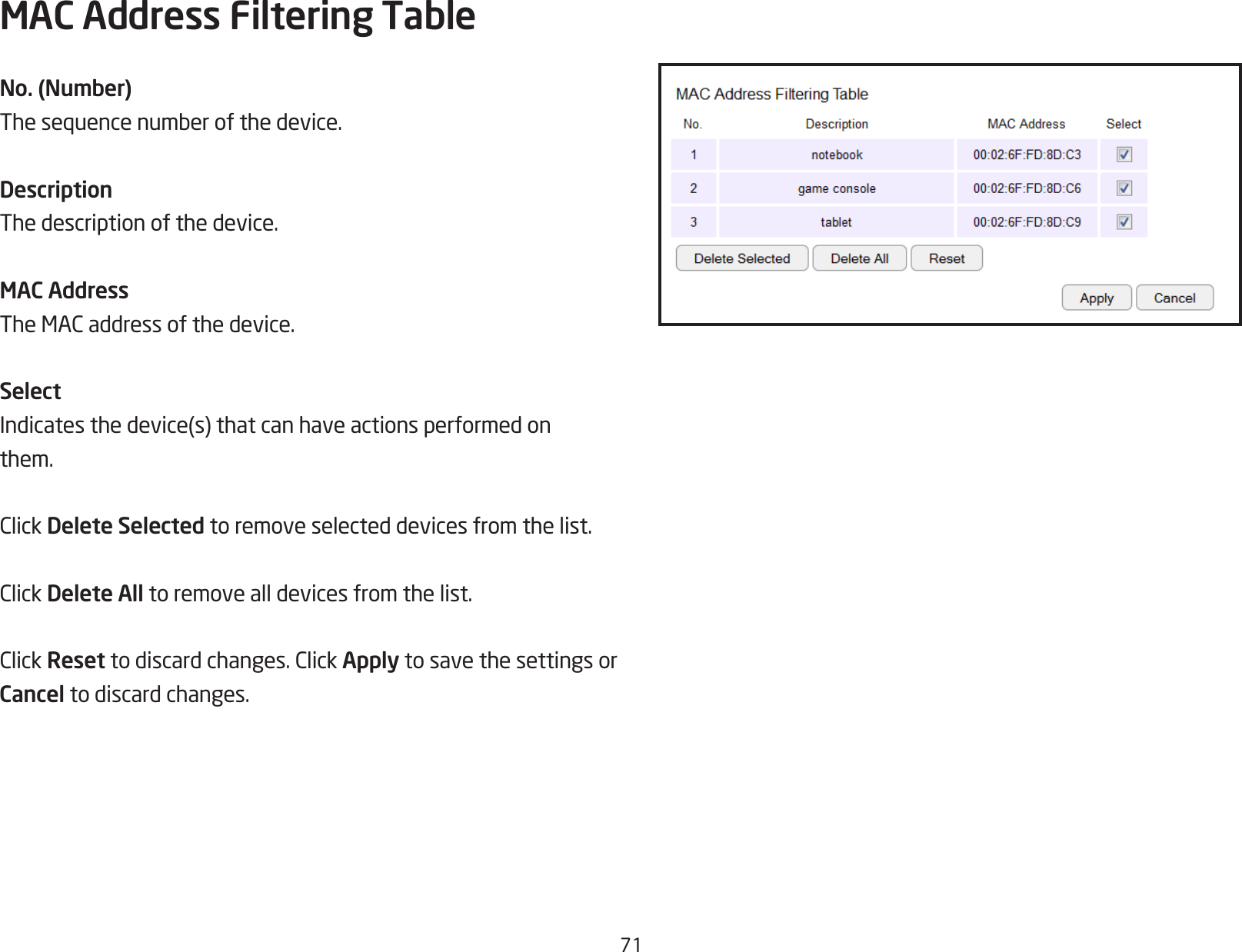 71MAC Address Filtering TableNo. (Number)Thesequencenumberofthedevice.DescriptionThe description of the device.MAC AddressTheMACaddressofthedevice.SelectIndicatesthedevice(s)thatcanhaveactionsperformedonthem.ClickDelete Selected to remove selected devices from the list.ClickDelete All to remove all devices from the list.ClickResettodiscardchanges.ClickApply to save the settings or Cancel to discard changes.