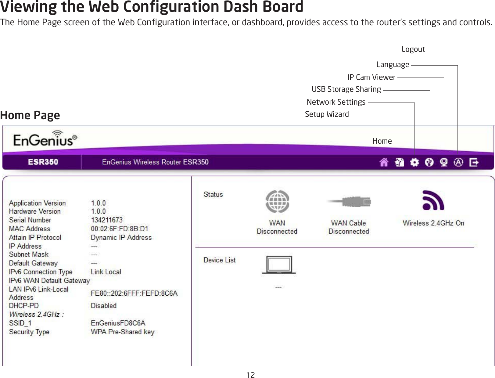 12Viewing the Web Conguration Dash BoardTheHomePagescreenoftheWebCongurationinterface,ordashboard,providesaccesstotherouter’ssettingsandcontrols.Home PageHomeSetupWizardNetworkSettingsUSBStorageSharingIPCamViewerLanguageLogout