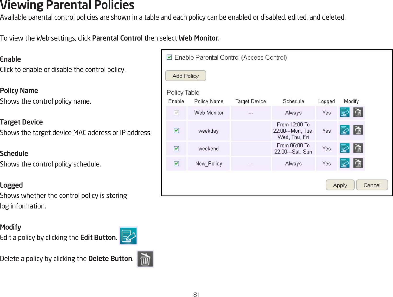81Viewing Parental PoliciesAvailableparentalcontrolpoliciesareshowninatableandeachpolicycanbeenabledordisabled,edited,anddeleted.ToviewtheWebsettings,clickParental Control then select Web Monitor.EnableClicktoenableordisablethecontrolpolicy.Policy NameShowsthecontrolpolicyname.Target DeviceShowsthetargetdeviceMACaddressorIPaddress.ScheduleShowsthecontrolpolicyschedule.LoggedShowswhetherthecontrolpolicyisstoringlog information.ModifyEditapolicybyclickingtheEdit Button. DeleteapolicybyclickingtheDelete Button.