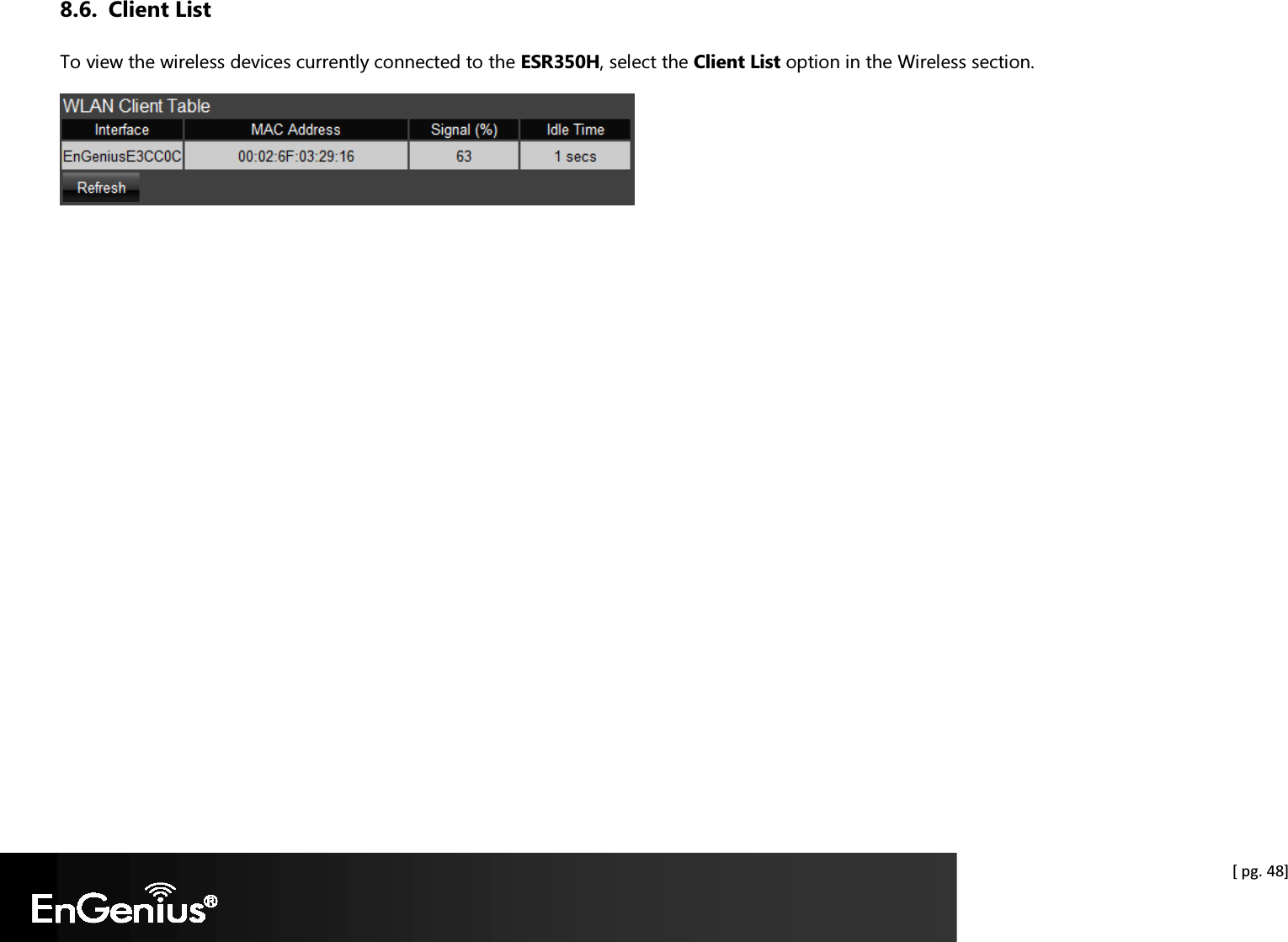  [ pg. 48] 8.6. Client List To view the wireless devices currently connected to the ESR350H, select the Client List option in the Wireless section.   