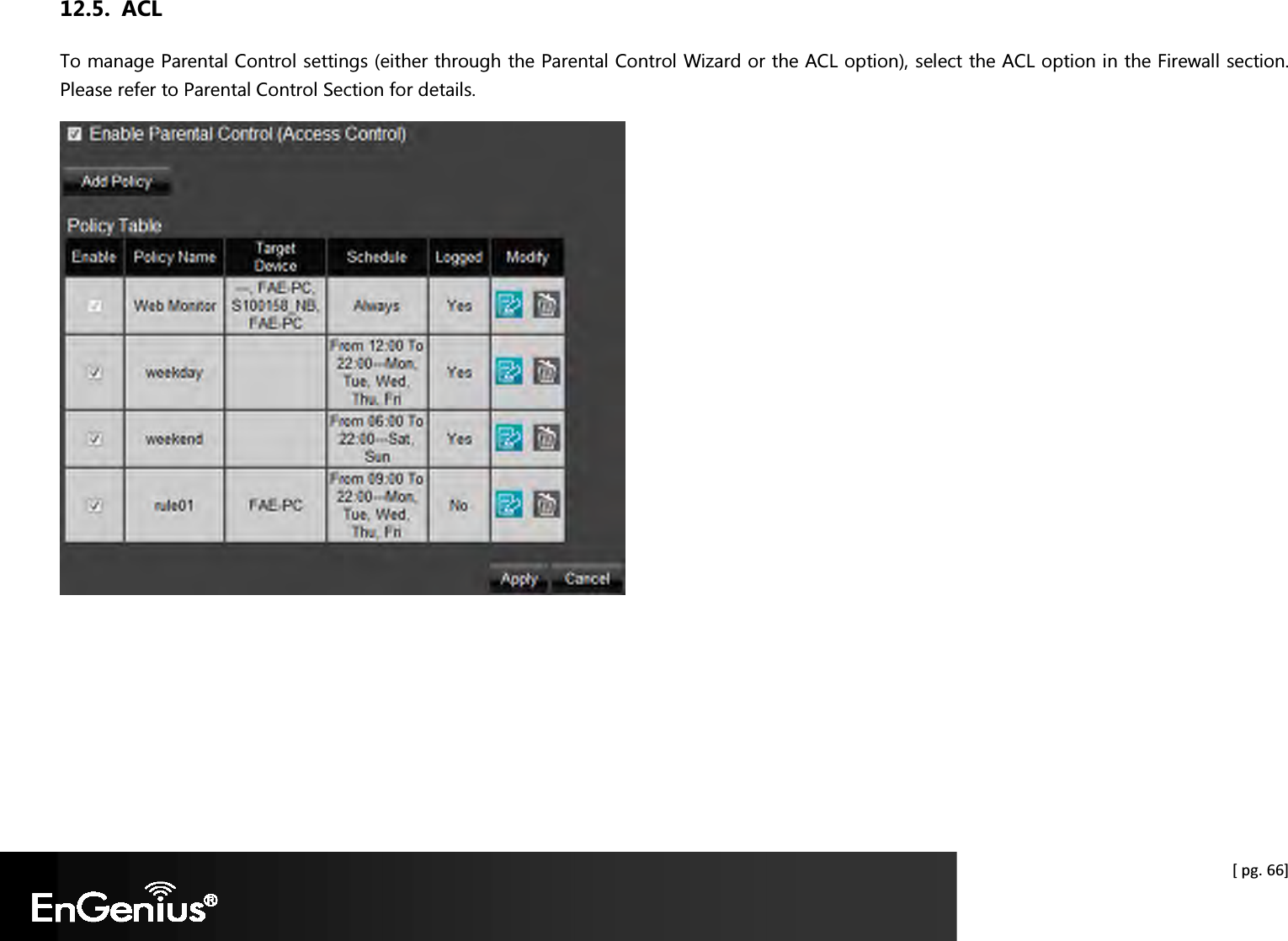  [ pg. 66] 12.5. ACL To manage Parental Control settings (either through the Parental Control Wizard or the ACL option), select the ACL option in the Firewall section. Please refer to Parental Control Section for details.   