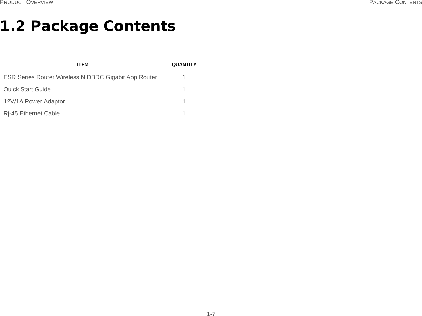 PRODUCT OVERVIEW PACKAGE CONTENTS 1-71.2 Package ContentsITEM QUANTITYESR Series Router Wireless N DBDC Gigabit App Router 1Quick Start Guide 112V/1A Power Adaptor 1Rj-45 Ethernet Cable 1