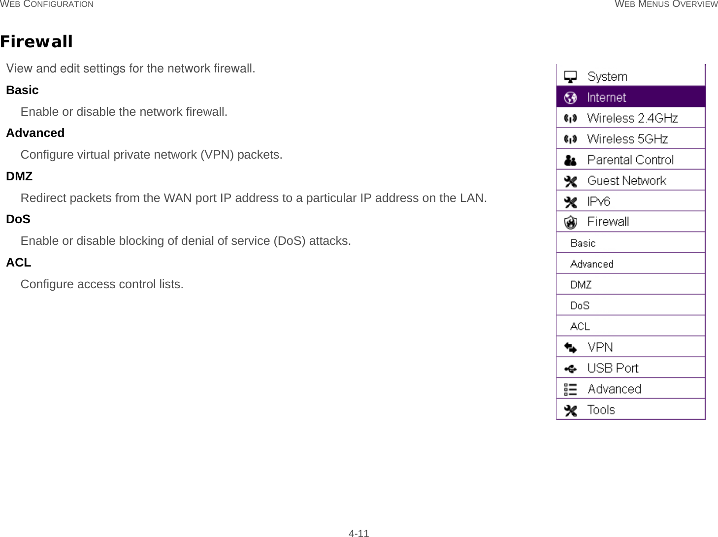 WEB CONFIGURATION WEB MENUS OVERVIEW 4-11Firewall View and edit settings for the network firewall.Basic Enable or disable the network firewall.Advanced Configure virtual private network (VPN) packets.DMZ Redirect packets from the WAN port IP address to a particular IP address on the LAN.DoS Enable or disable blocking of denial of service (DoS) attacks.ACL Configure access control lists.