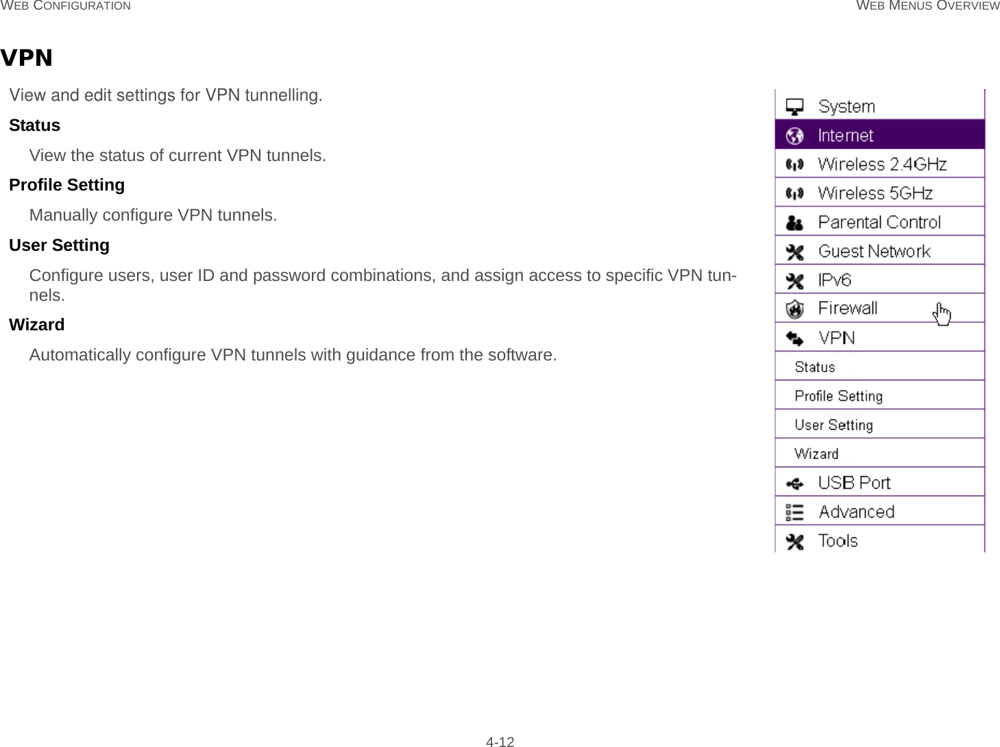 WEB CONFIGURATION WEB MENUS OVERVIEW 4-12VPN View and edit settings for VPN tunnelling.Status View the status of current VPN tunnels.Profile Setting Manually configure VPN tunnels.User Setting Configure users, user ID and password combinations, and assign access to specific VPN tun-nels.Wizard Automatically configure VPN tunnels with guidance from the software.