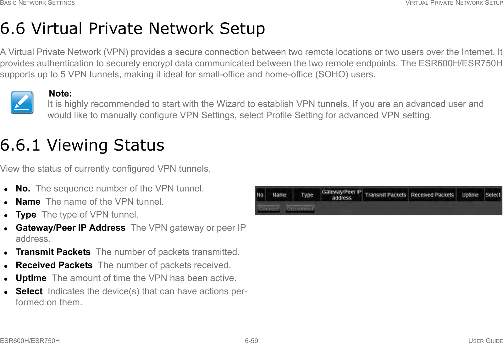 BASIC NETWORK SETTINGS VIRTUAL PRIVATE NETWORK SETUPESR600H/ESR750H 6-59 USER GUIDE6.6 Virtual Private Network SetupA Virtual Private Network (VPN) provides a secure connection between two remote locations or two users over the Internet. It provides authentication to securely encrypt data communicated between the two remote endpoints. The ESR600H/ESR750H supports up to 5 VPN tunnels, making it ideal for small-office and home-office (SOHO) users.6.6.1 Viewing StatusView the status of currently configured VPN tunnels.Note:It is highly recommended to start with the Wizard to establish VPN tunnels. If you are an advanced user and would like to manually configure VPN Settings, select Profile Setting for advanced VPN setting.No.  The sequence number of the VPN tunnel.Name  The name of the VPN tunnel.Type  The type of VPN tunnel.Gateway/Peer IP Address  The VPN gateway or peer IP address.Transmit Packets  The number of packets transmitted.Received Packets  The number of packets received.Uptime  The amount of time the VPN has been active.Select  Indicates the device(s) that can have actions per-formed on them.