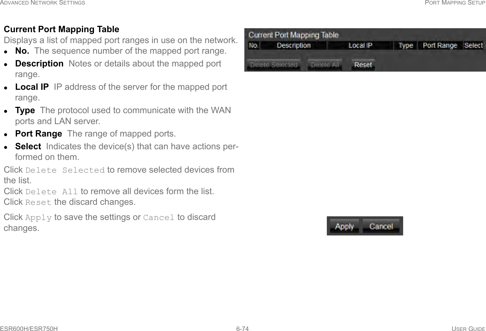 ADVANCED NETWORK SETTINGS PORT MAPPING SETUPESR600H/ESR750H 6-74 USER GUIDECurrent Port Mapping TableDisplays a list of mapped port ranges in use on the network.No.  The sequence number of the mapped port range.Description  Notes or details about the mapped port range.Local IP  IP address of the server for the mapped port range.Type  The protocol used to communicate with the WAN ports and LAN server.Port Range  The range of mapped ports.Select  Indicates the device(s) that can have actions per-formed on them.Click Delete Selected to remove selected devices from the list.Click Delete All to remove all devices form the list.Click Reset the discard changes.Click Apply to save the settings or Cancel to discard changes.