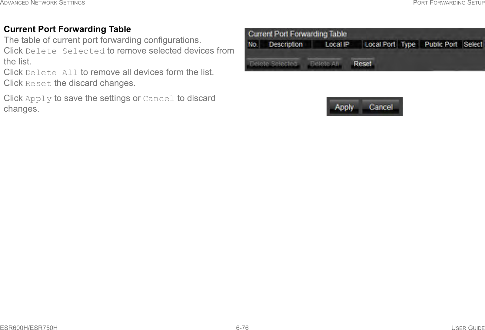 ADVANCED NETWORK SETTINGS PORT FORWARDING SETUPESR600H/ESR750H 6-76 USER GUIDECurrent Port Forwarding TableThe table of current port forwarding configurations.Click Delete Selected to remove selected devices from the list.Click Delete All to remove all devices form the list.Click Reset the discard changes.Click Apply to save the settings or Cancel to discard changes.