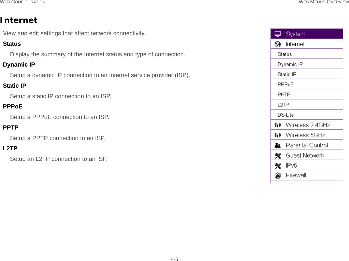 WEB CONFIGURATION WEB MENUS OVERVIEW 4-5InternetView and edit settings that affect network connectivity.StatusDisplay the summary of the Internet status and type of connection.Dynamic IP Setup a dynamic IP connection to an Internet service provider (ISP).Static IPSetup a static IP connection to an ISP.PPPoESetup a PPPoE connection to an ISP.PPTPSetup a PPTP connection to an ISP.L2TPSetup an L2TP connection to an ISP.