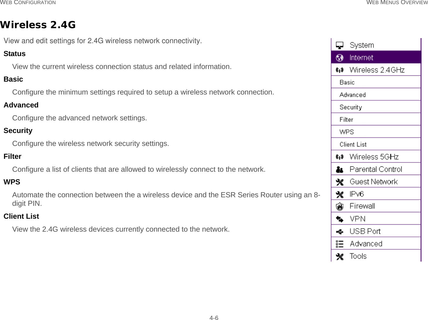 WEB CONFIGURATION WEB MENUS OVERVIEW 4-6Wireless 2.4GView and edit settings for 2.4G wireless network connectivity.Status  View the current wireless connection status and related information.Basic  Configure the minimum settings required to setup a wireless network connection.Advanced  Configure the advanced network settings.Security  Configure the wireless network security settings.Filter  Configure a list of clients that are allowed to wirelessly connect to the network.WPS  Automate the connection between the a wireless device and the ESR Series Router using an 8-digit PIN.Client List  View the 2.4G wireless devices currently connected to the network.