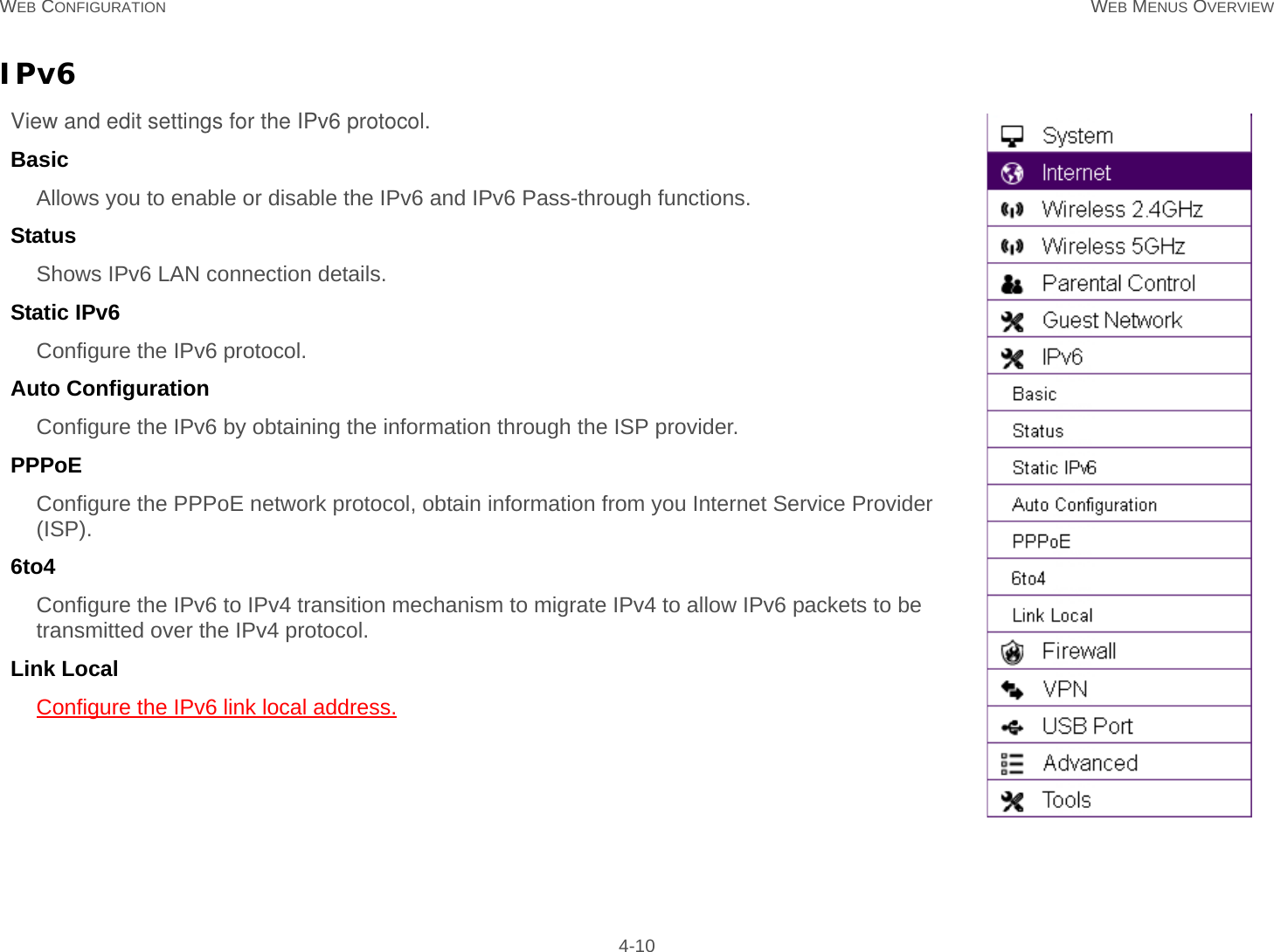 WEB CONFIGURATION WEB MENUS OVERVIEW 4-10IPv6 View and edit settings for the IPv6 protocol.BasicAllows you to enable or disable the IPv6 and IPv6 Pass-through functions.Status  Shows IPv6 LAN connection details.Static IPv6  Configure the IPv6 protocol.Auto Configuration  Configure the IPv6 by obtaining the information through the ISP provider.PPPoE  Configure the PPPoE network protocol, obtain information from you Internet Service Provider (ISP).6to4  Configure the IPv6 to IPv4 transition mechanism to migrate IPv4 to allow IPv6 packets to be transmitted over the IPv4 protocol.Link Local  Configure the IPv6 link local address.