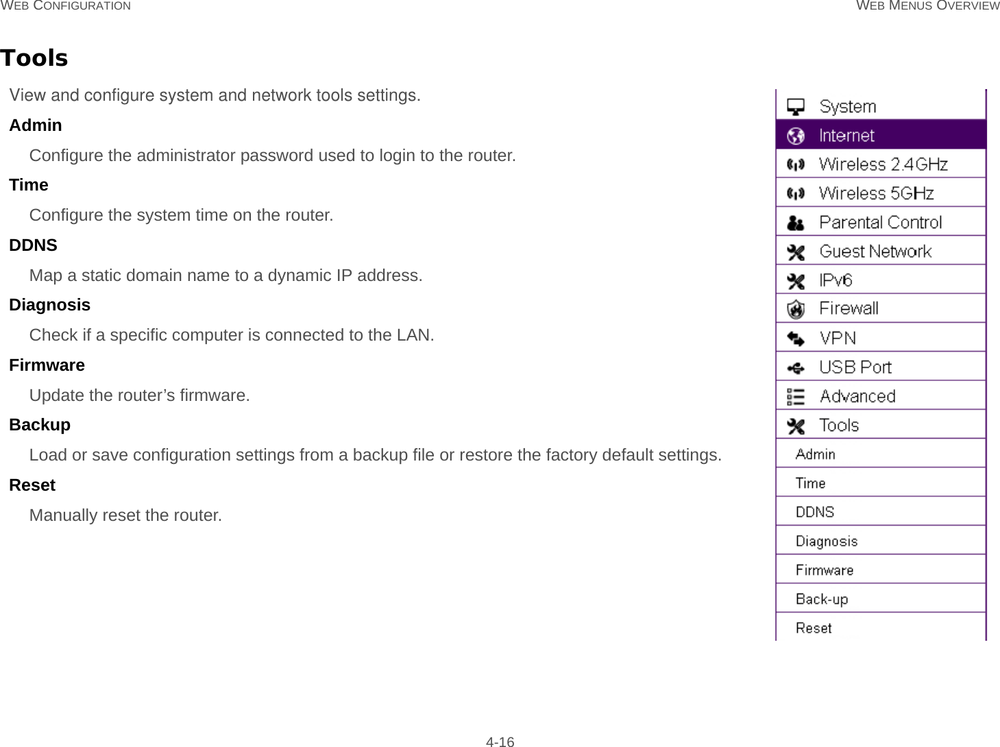 WEB CONFIGURATION WEB MENUS OVERVIEW 4-16Tools View and configure system and network tools settings.Admin Configure the administrator password used to login to the router.Time Configure the system time on the router.DDNS Map a static domain name to a dynamic IP address.Diagnosis Check if a specific computer is connected to the LAN.Firmware Update the router’s firmware.Backup Load or save configuration settings from a backup file or restore the factory default settings.Reset Manually reset the router.