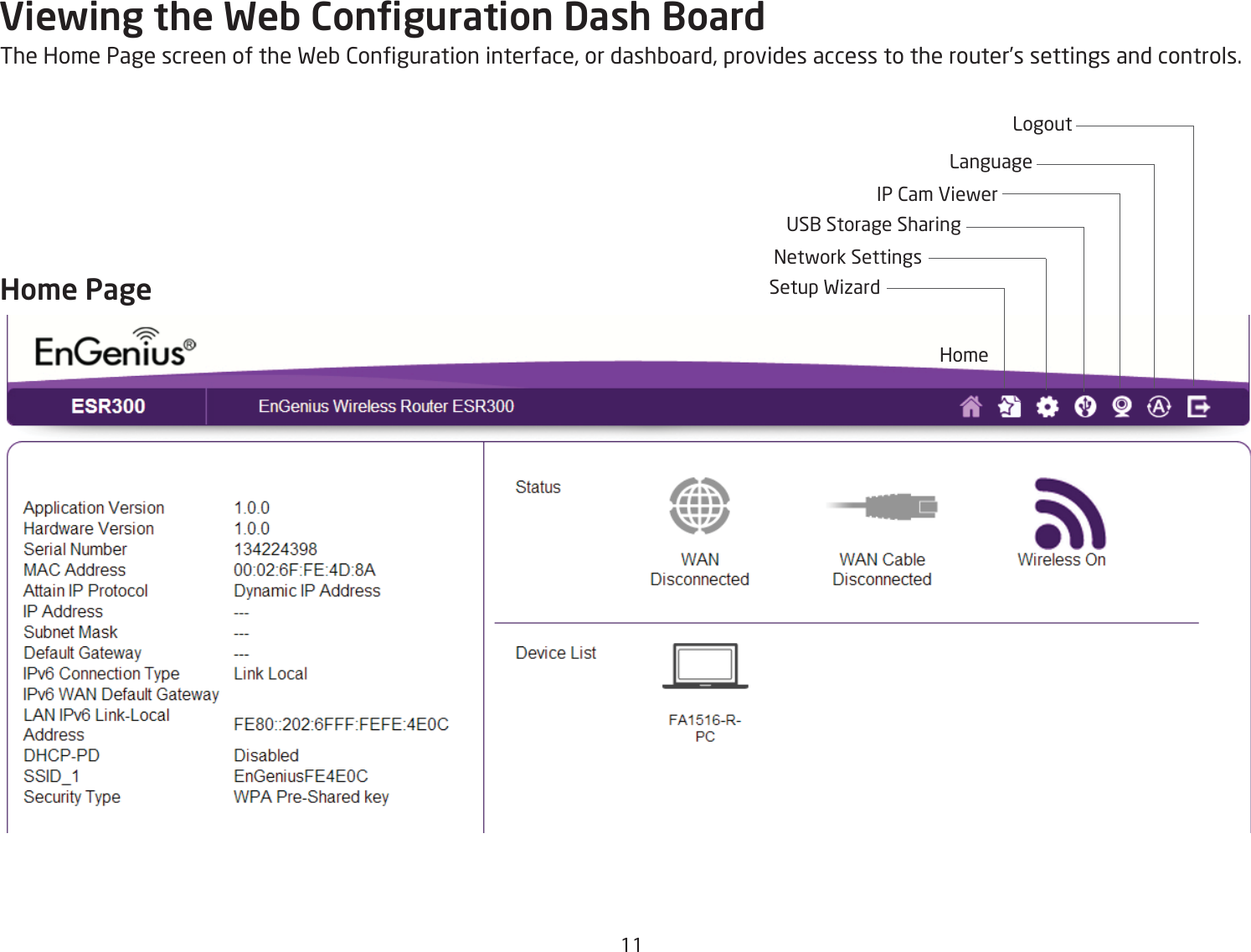 11Eiewing the WeQ Conguration Dash BoardThe Home Page screen of the FeQ 2onguration interface, or dashQoard, provides access to the router’s settings and controls.7o\e PageHomeSetup Fiiard=etfork SettingsUS1 Storage SharingIP 2am EieferLanguageLogout