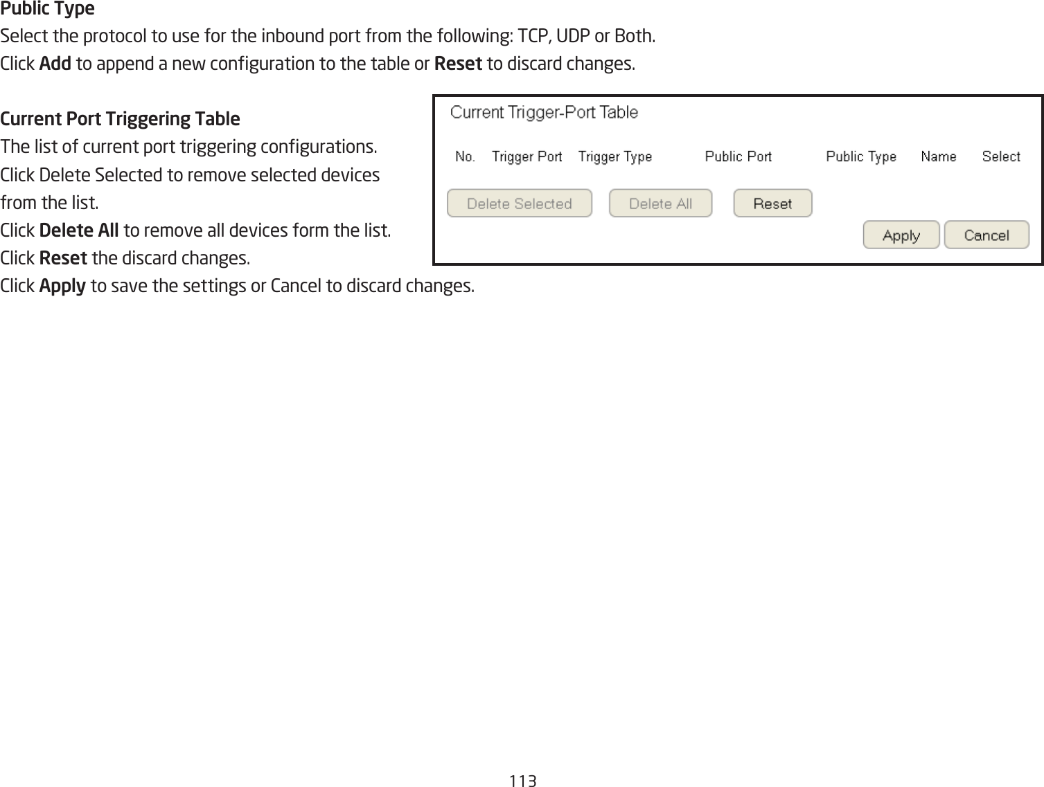 113Public TypeSelect the protocol to use for the inQound port from the follofing: T2P, U3P or 1oth.2lick Add to append a nef conguration to the taQle or Reset to discard changes.Current Port Triggering TableThe list of current port triggering congurations.2lick 3elete Selected to remove selected devices from the list.2lick Delete All to remove all devices form the list.2lick Reset the discard changes.2lick Apply to save the settings or 2ancel to discard changes.