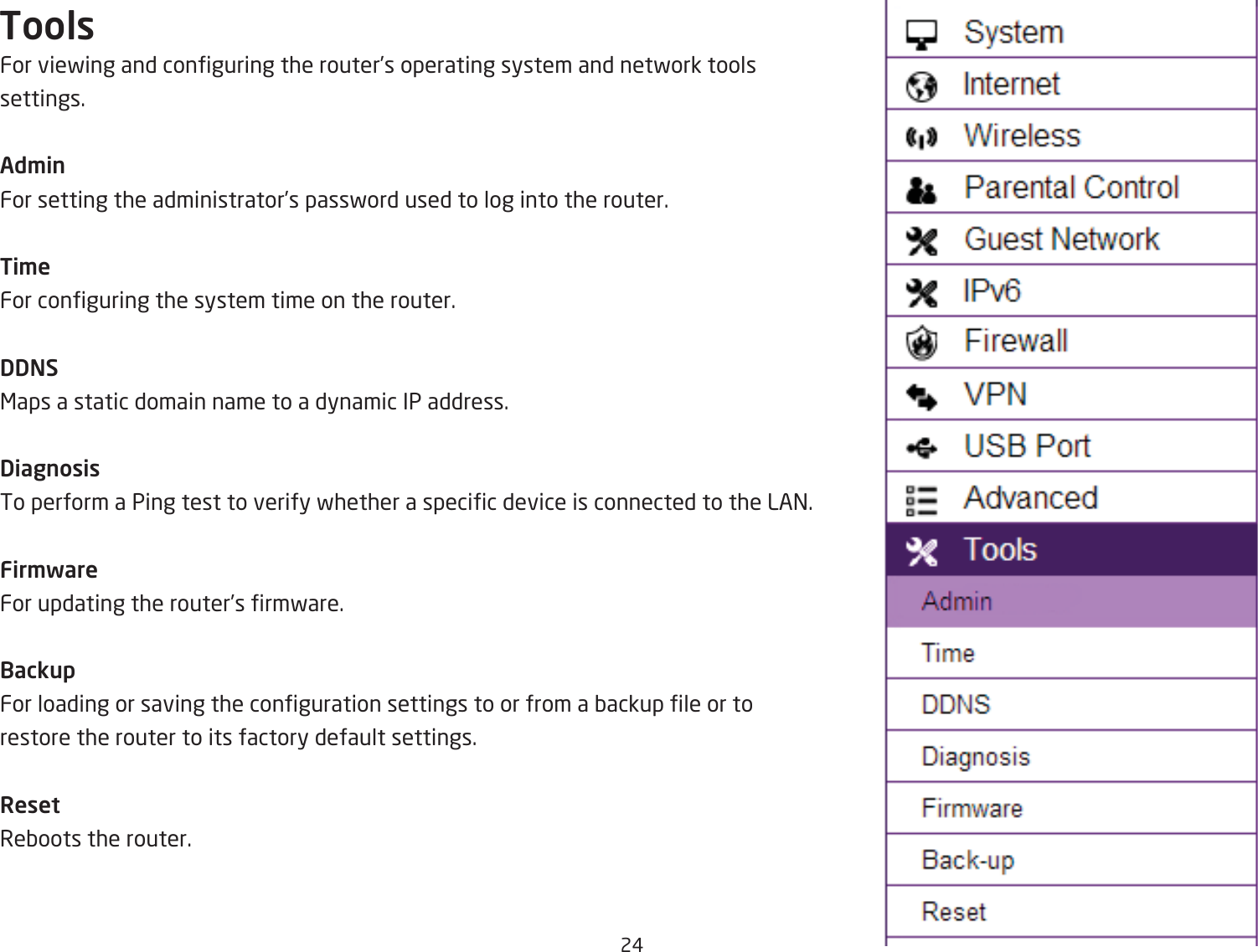 2#ToolsFor viefing and conguring the router’s operating system and netfork tools settings.Ad\inFor setting the administrator’s passford used to log into the router.Ti\eFor conguring the system time on the router.DDNS&lt;aps a static domain name to a dynamic IP address.DiagnosisTo perform a Ping test to verify fhether a specic device is connected to the LA=.Fir\wareFor updating the router’s rmfare.BackupFor loading or saving the conguration settings to or from a Qackup le or to restore the router to its factory default settings.ResetReQoots the router.