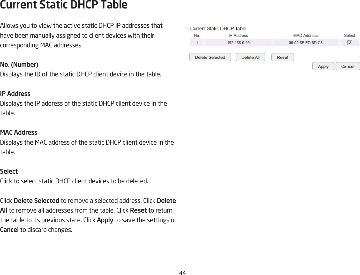 ##Current Static DHCP TableAllofs you to vief the active static 3H2P IP addresses that have Qeen manually assigned to client devices fith their corresponding &lt;A2 addresses.No. (Nu\ber)3isplays the I3 of the static 3H2P client device in the taQle.IP Address3isplays the IP address of the static 3H2P client device in the taQle.MAC Address3isplays the &lt;A2 address of the static 3H2P client device in the taQle.Select2lick to select static 3H2P client devices to Qe deleted.2lick Delete Selected to remove a selected address. 2lick Delete All to remove all addresses from the taQle. 2lick Reset to return the taQle to its previous state. 2lick Apply to save the settings or Cancel to discard changes.