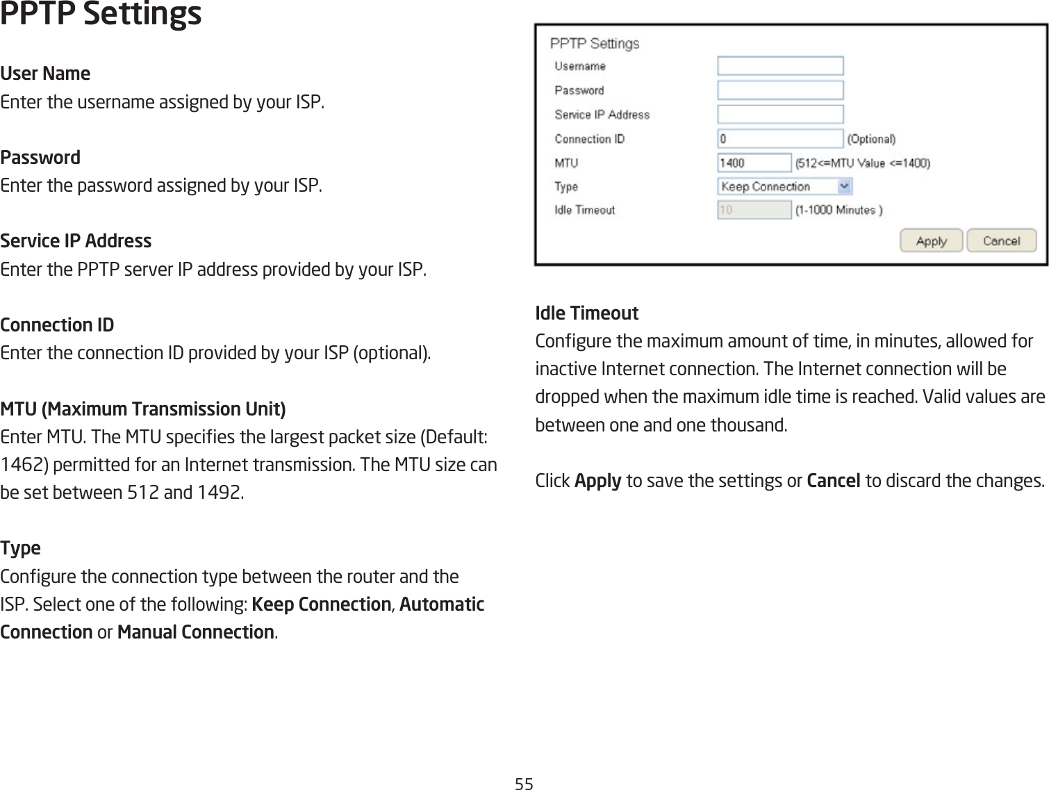 55PPTP SettingsUser Na\eEnter the username assigned Qy your ISP.PasswordEnter the passford assigned Qy your ISP.Service IP AddressEnter the PPTP server IP address provided Qy your ISP.Connection IDEnter the connection I3 provided Qy your ISP optional.MTU (Maxi\u\ Trans\ission Unit)Enter &lt;TU. The &lt;TU species the largest packet siie 3efault: 1#62 permitted for an Internet transmission. The &lt;TU siie can Qe set Qetfeen 512 and 1#92.Type2ongure the connection type Qetfeen the router and the ISP. Select one of the follofing: Keep Connection, Auto\atic Connection or Manual Connection.Idle Ti\eout2ongure the magimum amount of time, in minutes, allofed for inactive Internet connection. The Internet connection fill Qedropped fhen the magimum idle time is reached. Ealid values are Qetfeen one and one thousand.2lick Apply to save the settings or Cancel to discard the changes.