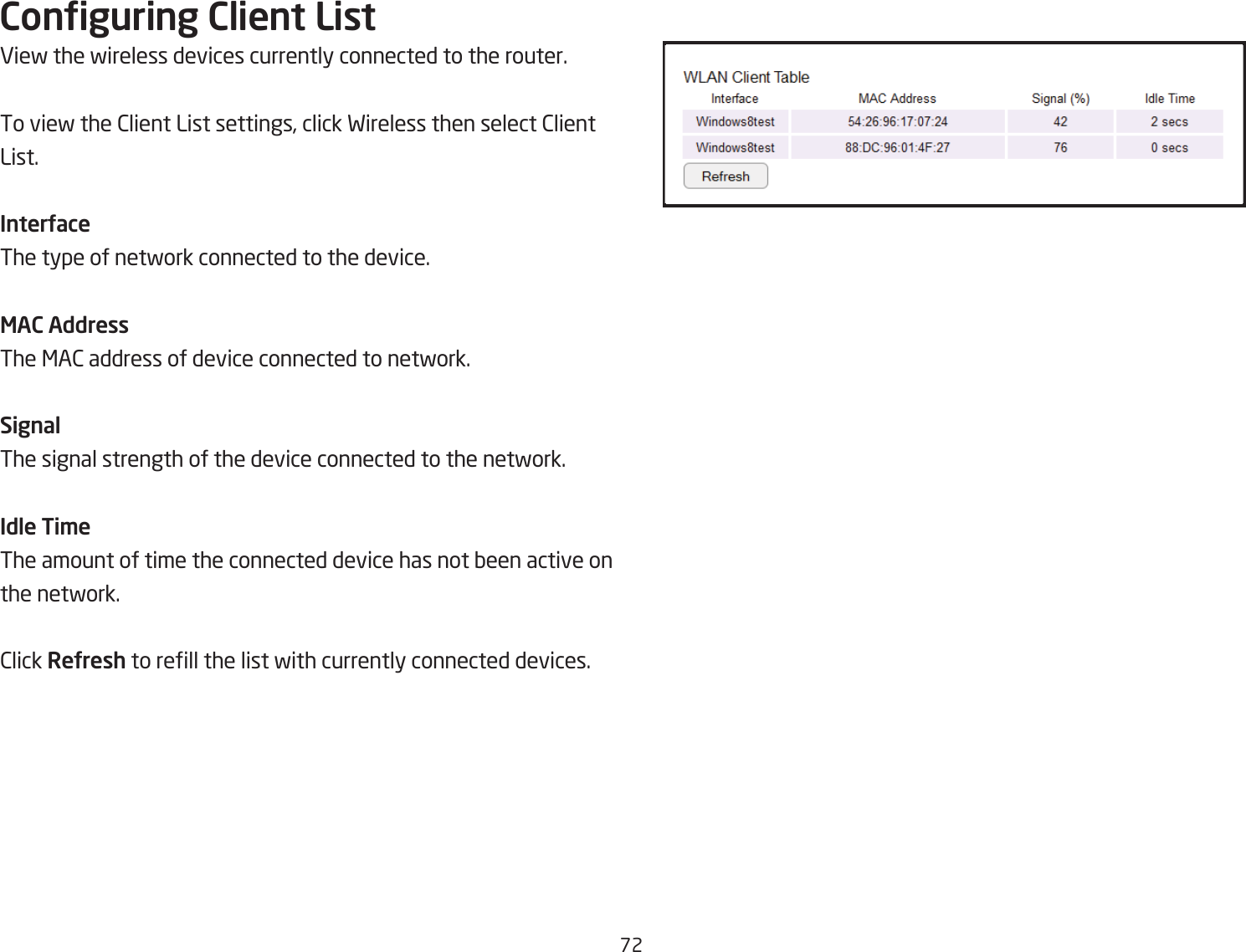 &amp;2Conguring Client ListVief the fireless devices currently connected to the router.To vief the 2lient List settings, click Fireless then select 2lient List.InterUaceThe type of netfork connected to the device.MAC AddressThe &lt;A2 address of device connected to netfork.SignalThe signal strength of the device connected to the netfork.Idle Ti\eThe amount of time the connected device has not Qeen active on the netfork.2lick ReUresh to rell the list fith currently connected devices.
