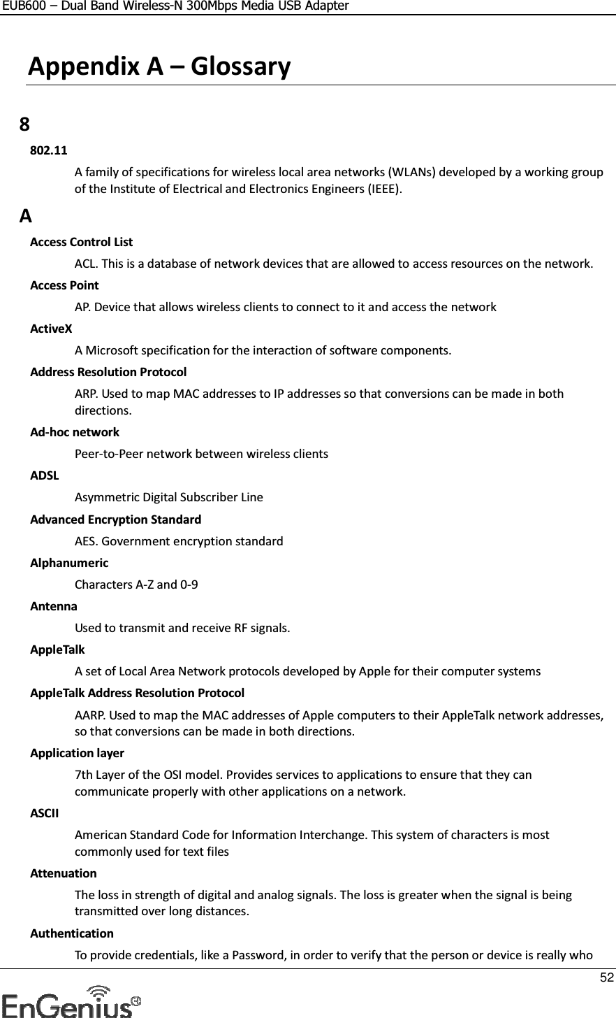 EUB600 – Dual Band Wireless-N 300Mbps Media USB Adapter     52  Appendix A – Glossary   8 802.11 A family of specifications for wireless local area networks (WLANs) developed by a working group of the Institute of Electrical and Electronics Engineers (IEEE).  A Access Control List ACL. This is a database of network devices that are allowed to access resources on the network. Access Point AP. Device that allows wireless clients to connect to it and access the network ActiveX A Microsoft specification for the interaction of software components.  Address Resolution Protocol ARP. Used to map MAC addresses to IP addresses so that conversions can be made in both directions. Ad-hoc network Peer-to-Peer network between wireless clients ADSL Asymmetric Digital Subscriber Line Advanced Encryption Standard AES. Government encryption standard Alphanumeric Characters A-Z and 0-9 Antenna Used to transmit and receive RF signals. AppleTalk A set of Local Area Network protocols developed by Apple for their computer systems AppleTalk Address Resolution Protocol AARP. Used to map the MAC addresses of Apple computers to their AppleTalk network addresses, so that conversions can be made in both directions. Application layer 7th Layer of the OSI model. Provides services to applications to ensure that they can communicate properly with other applications on a network. ASCII American Standard Code for Information Interchange. This system of characters is most commonly used for text files Attenuation The loss in strength of digital and analog signals. The loss is greater when the signal is being transmitted over long distances. Authentication To provide credentials, like a Password, in order to verify that the person or device is really who 