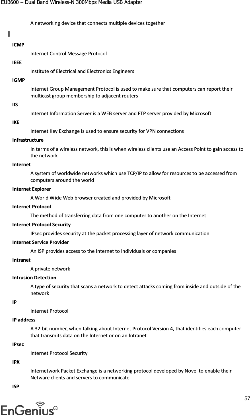 EUB600 – Dual Band Wireless-N 300Mbps Media USB Adapter     57  A networking device that connects multiple devices together I ICMP Internet Control Message Protocol IEEE Institute of Electrical and Electronics Engineers IGMP Internet Group Management Protocol is used to make sure that computers can report their multicast group membership to adjacent routers IIS Internet Information Server is a WEB server and FTP server provided by Microsoft IKE Internet Key Exchange is used to ensure security for VPN connections Infrastructure In terms of a wireless network, this is when wireless clients use an Access Point to gain access to the network Internet A system of worldwide networks which use TCP/IP to allow for resources to be accessed from computers around the world Internet Explorer A World Wide Web browser created and provided by Microsoft Internet Protocol The method of transferring data from one computer to another on the Internet Internet Protocol Security IPsec provides security at the packet processing layer of network communication Internet Service Provider An ISP provides access to the Internet to individuals or companies Intranet A private network Intrusion Detection A type of security that scans a network to detect attacks coming from inside and outside of the network IP Internet Protocol IP address A 32-bit number, when talking about Internet Protocol Version 4, that identifies each computer that transmits data on the Internet or on an Intranet IPsec Internet Protocol Security IPX Internetwork Packet Exchange is a networking protocol developed by Novel to enable their Netware clients and servers to communicate ISP 