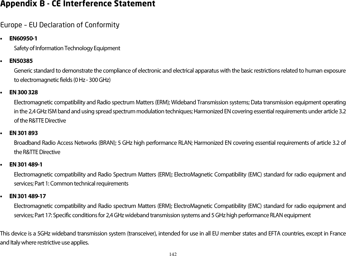 142  Appendix B - CE Interference Statement Europe – EU Declaration of Conformity 