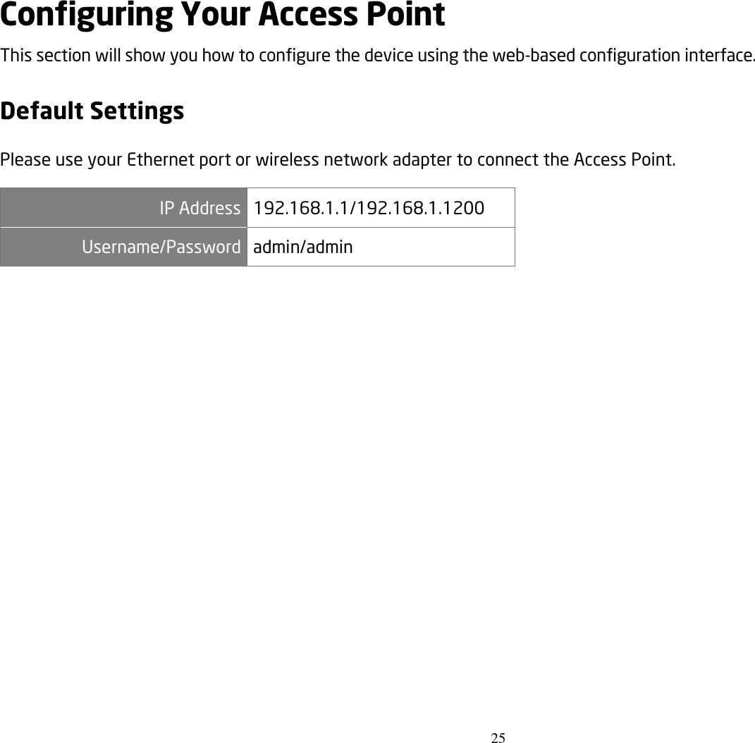 25  Configuring Your Access Point This section will show you how to configure the device using the web-based configuration interface. Default Settings Please use your Ethernet port or wireless network adapter to connect the Access Point. IP Address 192.168.1.1/192.168.1.1200 Username/Password admin/admin  