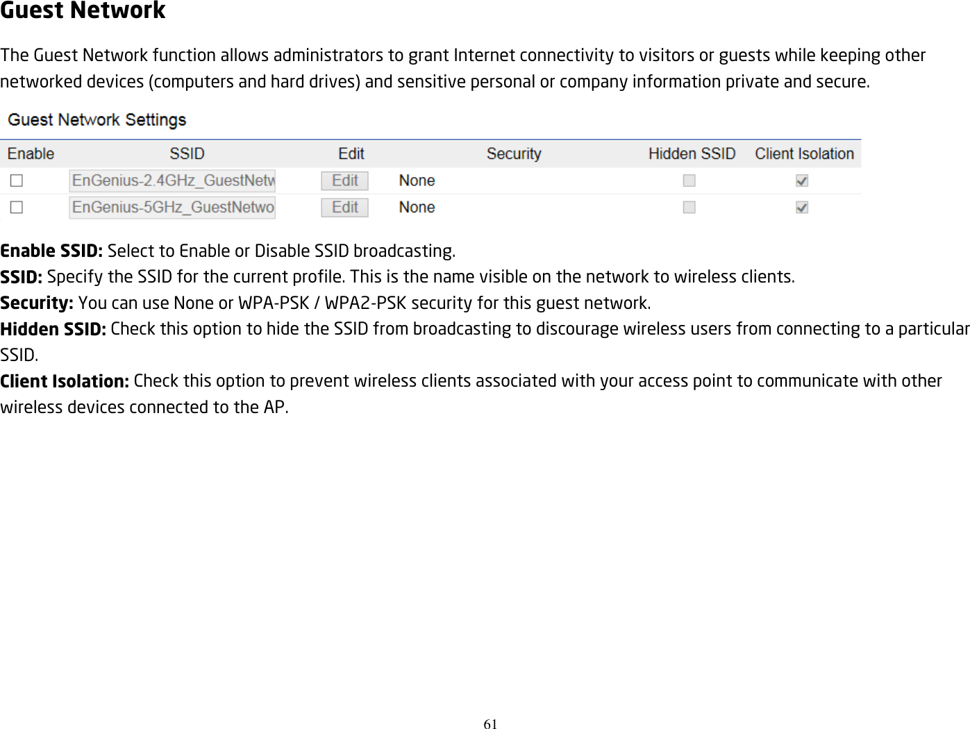 61  Guest Network The Guest Network function allows administrators to grant Internet connectivity to visitors or guests while keeping other networked devices (computers and hard drives) and sensitive personal or company information private and secure.  Enable SSID: Select to Enable or Disable SSID broadcasting. SSID: Specify the SSID for the current profile. This is the name visible on the network to wireless clients. Security: You can use None or WPA-PSK / WPA2-PSK security for this guest network. Hidden SSID: Check this option to hide the SSID from broadcasting to discourage wireless users from connecting to a particular SSID.   Client Isolation: Check this option to prevent wireless clients associated with your access point to communicate with other wireless devices connected to the AP. 