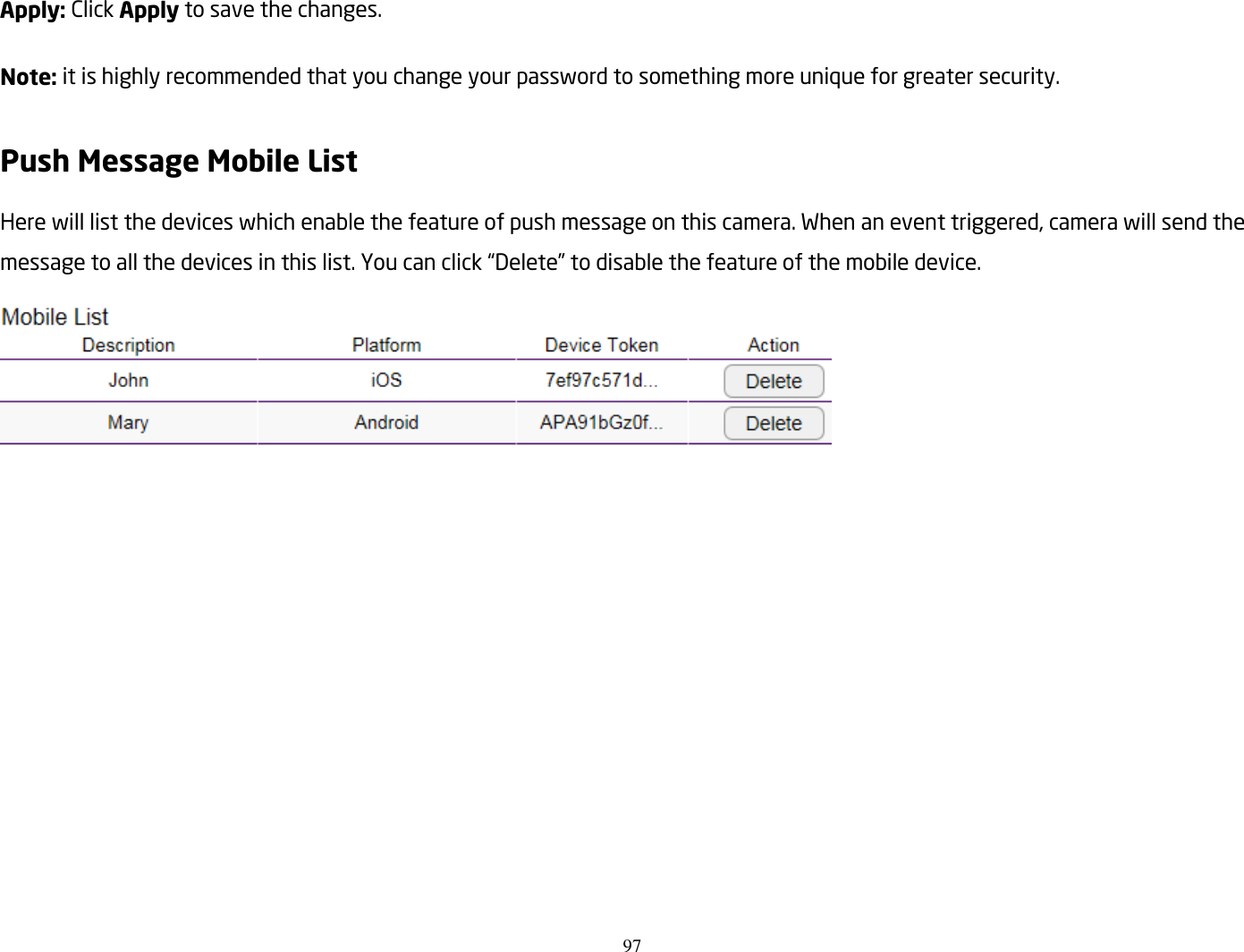 97  Apply: Click Apply to save the changes.  Note: it is highly recommended that you change your password to something more unique for greater security.  Push Message Mobile List Here will list the devices which enable the feature of push message on this camera. When an event triggered, camera will send the message to all the devices in this list. You can click “Delete” to disable the feature of the mobile device.  