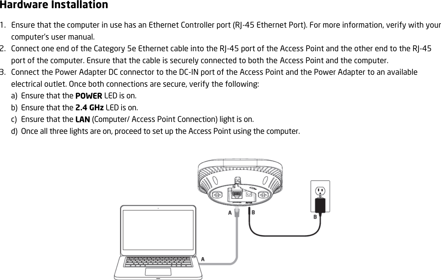 Hardware Installation 1. Ensure that the computer in use has an Ethernet Controller port (RJ-45 Ethernet Port). For more information, verify with your computer’s user manual. 2. Connect one end of the Category 5e Ethernet cable into the RJ-45 port of the Access Point and the other end to the RJ-45 port of the computer. Ensure that the cable is securely connected to both the Access Point and the computer. 3. Connect the Power Adapter DC connector to the DC-IN port of the Access Point and the Power Adapter to an available electrical outlet. Once both connections are secure, verify the following:     a)  Ensure that the POWER LED is on.     b)  Ensure that the 2.4 GHz LED is on.     c)  Ensure that the LAN (Computer/ Access Point Connection) light is on.     d)  Once all three lights are on, proceed to set up the Access Point using the computer.    