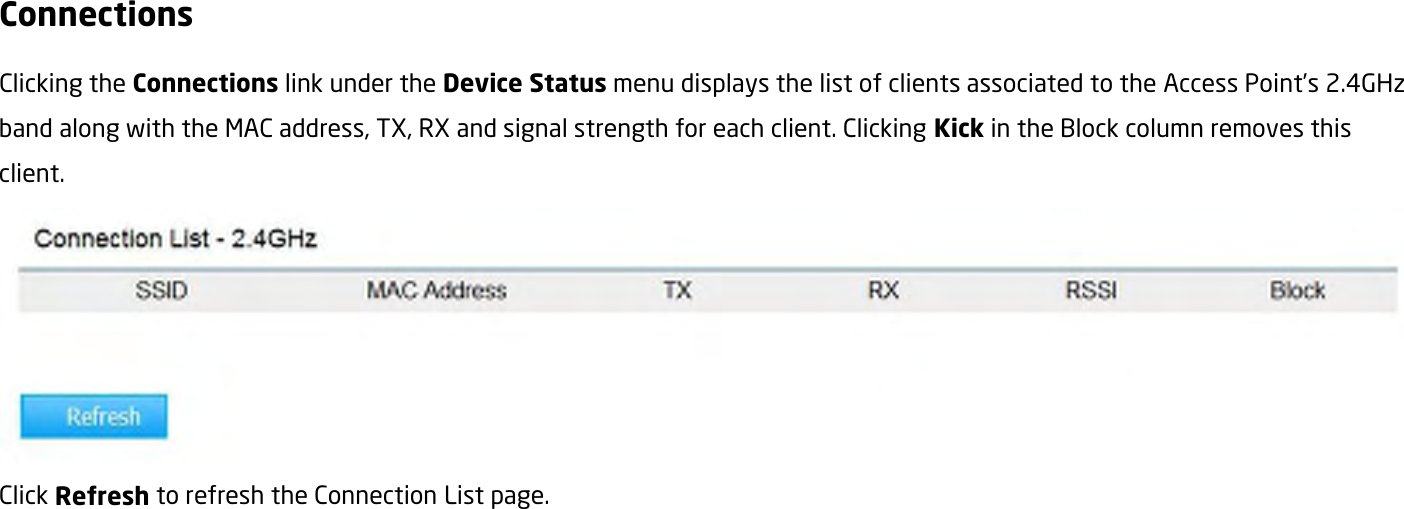Connections Clicking the Connections link under the Device Status menu displays the list of clients associated to the Access Point’s 2.4GHz band along with the MAC address, TX, RX and signal strength for each client. Clicking Kick in the Block column removes this client.  Click Refresh to refresh the Connection List page.  