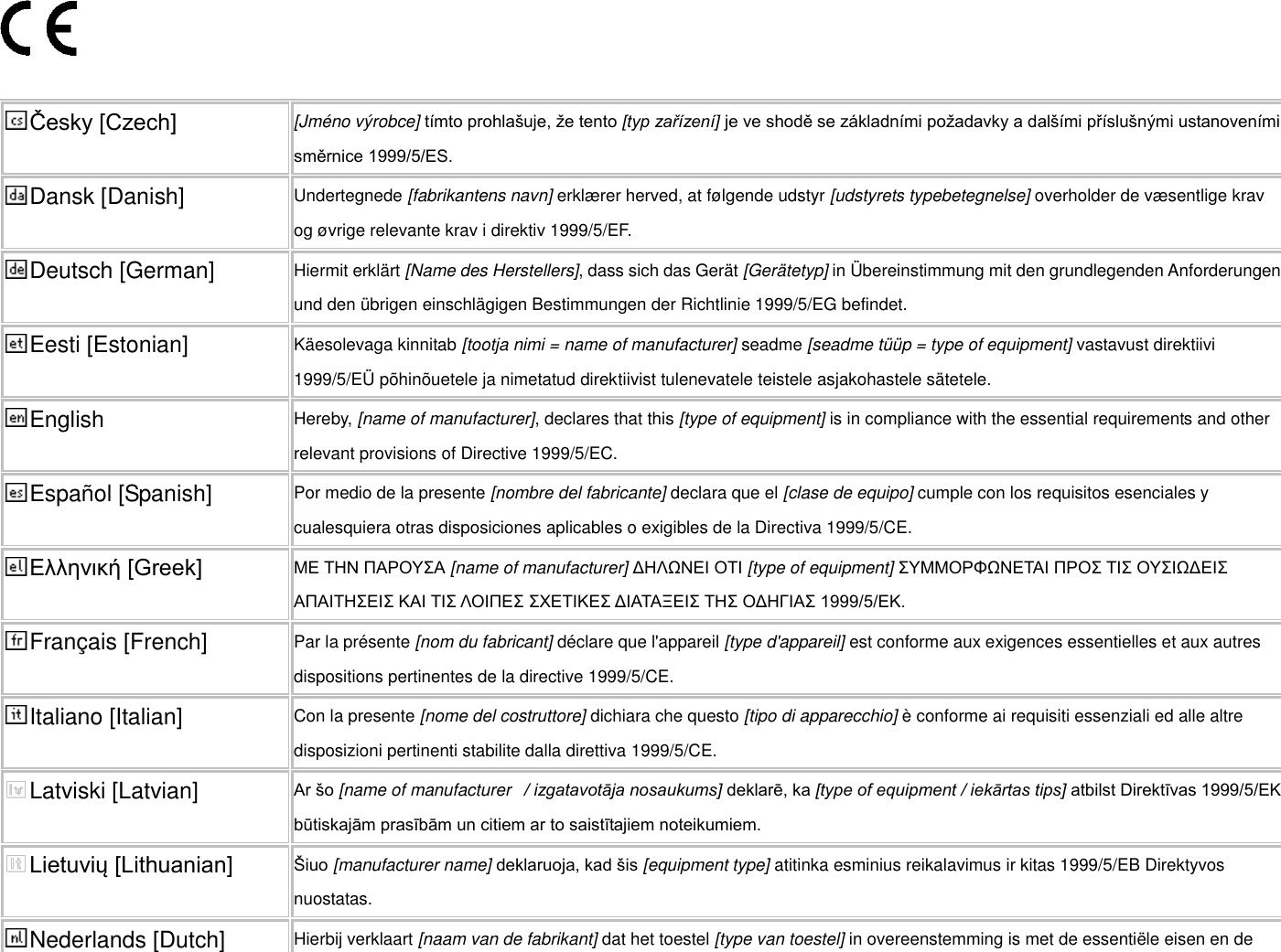 Česky [Czech] [Jméno výrobce] tímto prohlašuje, že tento [typ zařízení] je ve shodě se základními požadavky a dalšími příslušnými ustanoveními směrnice 1999/5/ES. Dansk [Danish] Undertegnede [fabrikantens navn] erklæ rer herved, at følgende udstyr [udstyrets typebetegnelse] overholder de væ sentlige krav og øvrige relevante krav i direktiv 1999/5/EF. Deutsch [German] Hiermit erklärt [Name des Herstellers], dass sich das Gerät [Gerätetyp] in Ü bereinstimmung mit den grundlegenden Anforderungen und den übrigen einschlägigen Bestimmungen der Richtlinie 1999/5/EG befindet. Eesti [Estonian] Käesolevaga kinnitab [tootja nimi = name of manufacturer] seadme [seadme tüüp = type of equipment] vastavust direktiivi 1999/5/EÜ  põhinõuetele ja nimetatud direktiivist tulenevatele teistele asjakohastele sätetele. English Hereby, [name of manufacturer], declares that this [type of equipment] is in compliance with the essential requirements and other relevant provisions of Directive 1999/5/EC. Español [Spanish] Por medio de la presente [nombre del fabricante] declara que el [clase de equipo] cumple con los requisitos esenciales y cualesquiera otras disposiciones aplicables o exigibles de la Directiva 1999/5/CE. Ελληνική [Greek] ΜΕ ΤΗΝ ΠΑΡΟΥΣΑ [name of manufacturer] ΔΗΛΩΝΕΙ ΟΤΙ [type of equipment] ΣΥΜΜΟΡΦΩΝΕΤΑΙ ΠΡΟΣ ΤΙΣ ΟΥΣΙΩΔΕΙΣ ΑΠΑΙΤΗΣΕΙΣ ΚΑΙ ΤΙΣ ΛΟΙΠΕΣ ΣΧΕΤΙΚΕΣ ΔΙΑΤΑΞΕΙΣ ΤΗΣ ΟΔΗΓΙΑΣ 1999/5/ΕΚ. Français [French] Par la présente [nom du fabricant] déclare que l&apos;appareil [type d&apos;appareil] est conforme aux exigences essentielles et aux autres dispositions pertinentes de la directive 1999/5/CE. Italiano [Italian] Con la presente [nome del costruttore] dichiara che questo [tipo di apparecchio] è conforme ai requisiti essenziali ed alle altre disposizioni pertinenti stabilite dalla direttiva 1999/5/CE. Latviski [Latvian] Ar šo [name of manufacturer   / izgatavotāja nosaukums] deklarē, ka [type of equipment / iekārtas tips] atbilst Direktīvas 1999/5/EK būtiskajām prasībām un citiem ar to saistītajiem noteikumiem. Lietuvių [Lithuanian]   Šiuo [manufacturer name] deklaruoja, kad šis [equipment type] atitinka esminius reikalavimus ir kitas 1999/5/EB Direktyvos nuostatas. Nederlands [Dutch] Hierbij verklaart [naam van de fabrikant] dat het toestel [type van toestel] in overeenstemming is met de essentiële eisen en de 
