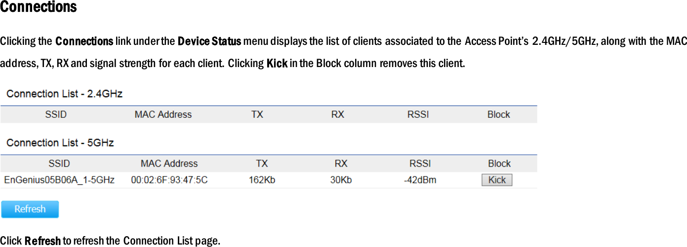 Connections Clicking the Connections link under the Device Status menu displays the list of clients associated to the Access Point’s  2.4GHz/5GHz, along with the MAC address, TX, RX and signal strength for each client. Clicking Kick in the Block column removes this client.  Click Refresh to refresh the Connection List page.  