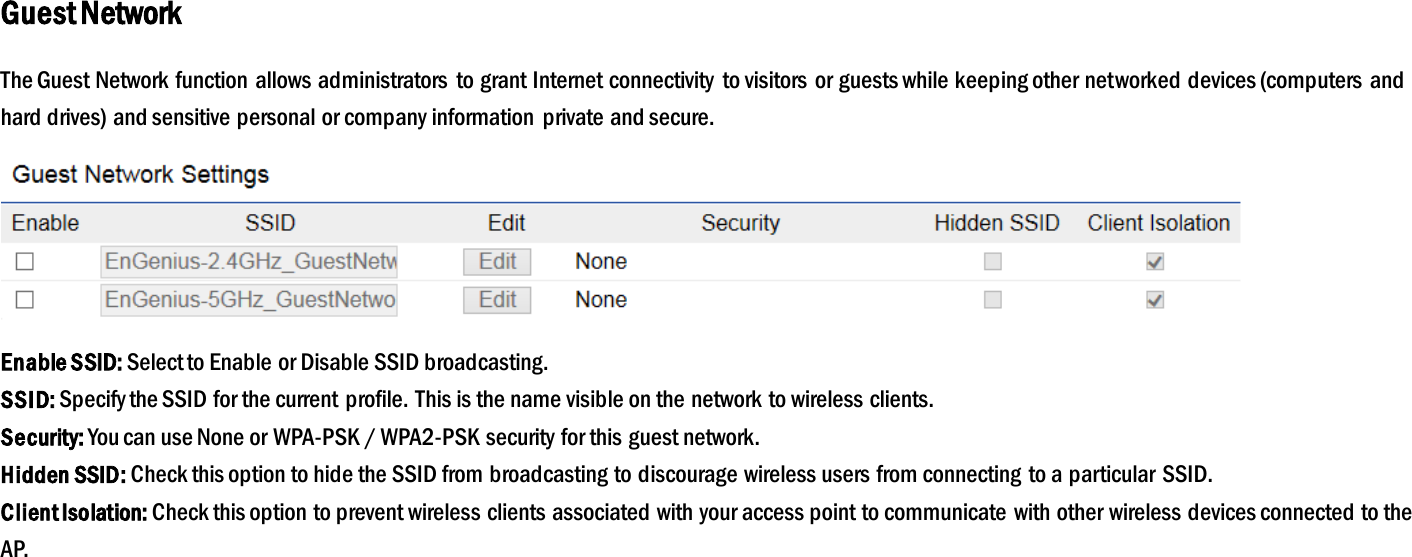 Guest Network The Guest Network function  allows administrators  to grant Internet connectivity  to visitors or guests while keeping other networked devices (computers  and hard drives) and sensitive personal or company information  private and secure.  Enable SSID: Select to Enable or Disable SSID broadcasting. SSID: Specify the SSID for the current profile. This is the name visible on the network to wireless clients. Security: You can use None or WPA-PSK / WPA2-PSK security for this guest network. Hidden SSID: Check this option to hide the SSID from broadcasting to discourage wireless users from connecting to a particular  SSID.   Client Isolation: Check this option to prevent wireless clients associated with your access point to communicate  with other wireless devices connected to the AP. 
