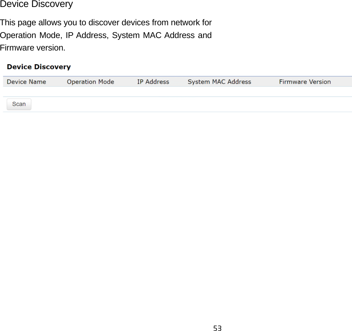 53Device Discovery This page allows you to discover devices from network for Operation Mode, IP Address, System MAC Address and Firmware version.