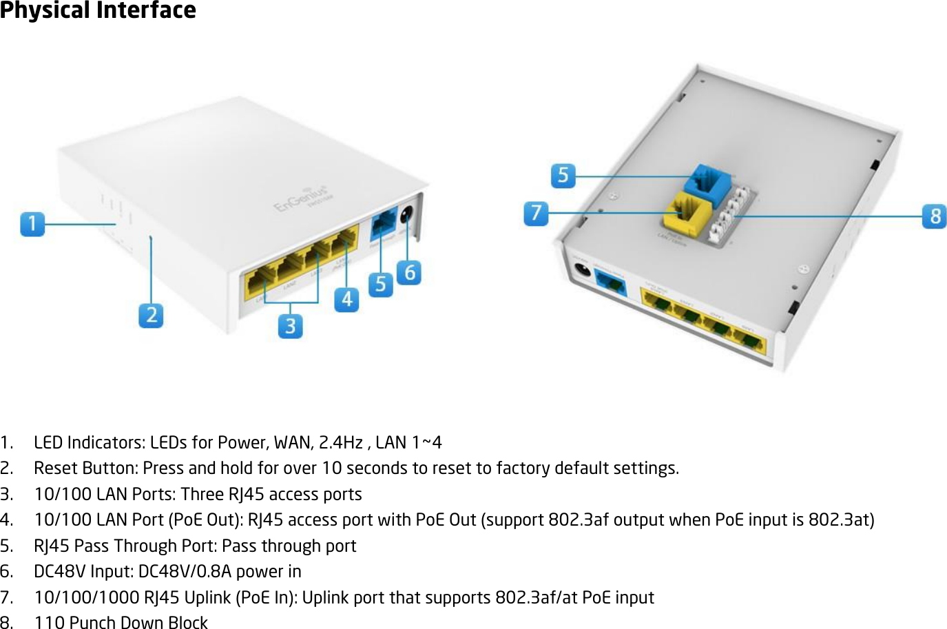 Physical Interface         1. LED Indicators: LEDs for Power, WAN, 2.4Hz , LAN 1~4 2. Reset Button: Press and hold for over 10 seconds to reset to factory default settings. 3. 10/100 LAN Ports: Three RJ45 access ports 4. 10/100 LAN Port (PoE Out): RJ45 access port with PoE Out (support 802.3af output when PoE input is 802.3at) 5. RJ45 Pass Through Port: Pass through port 6. DC48V Input: DC48V/0.8A power in 7. 10/100/1000 RJ45 Uplink (PoE In): Uplink port that supports 802.3af/at PoE input 8. 110 Punch Down Block