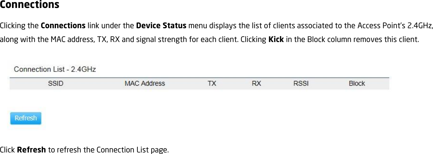 Connections Clicking the Connections link under the Device Status menu displays the list of clients associated to the Access Point’s 2.4GHz, along with the MAC address, TX, RX and signal strength for each client. Clicking Kick in the Block column removes this client.  Click Refresh to refresh the Connection List page.  